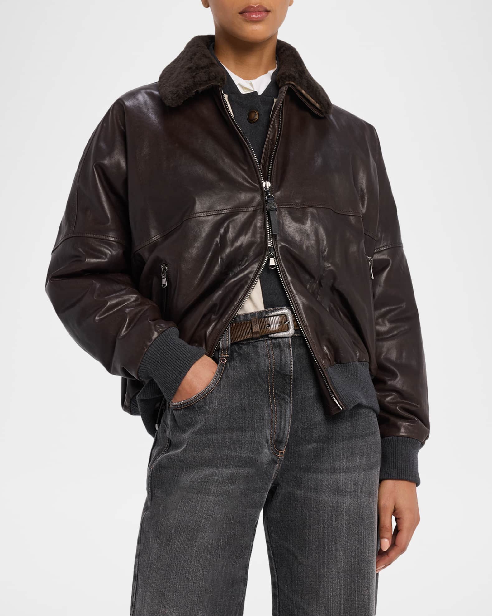 ジャケット Brunello Cucinelli Shearling Collar Leather Jacket Brunello Cucinelli Shearling-Collar Leather Jacket - Brown