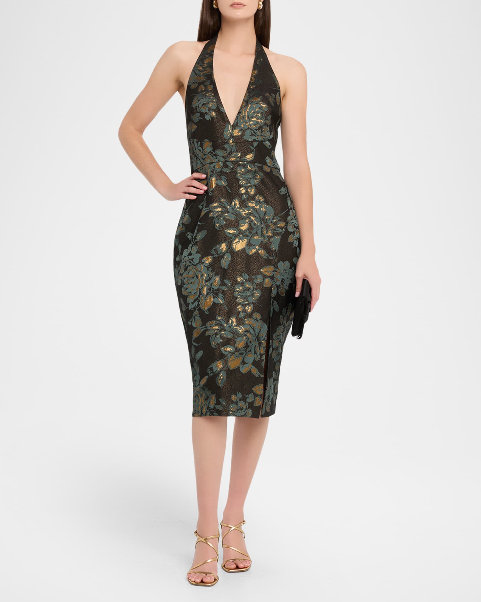 Aidan Mattox Deep V-Neck Stretch Jacquard Sheath Midi Dress