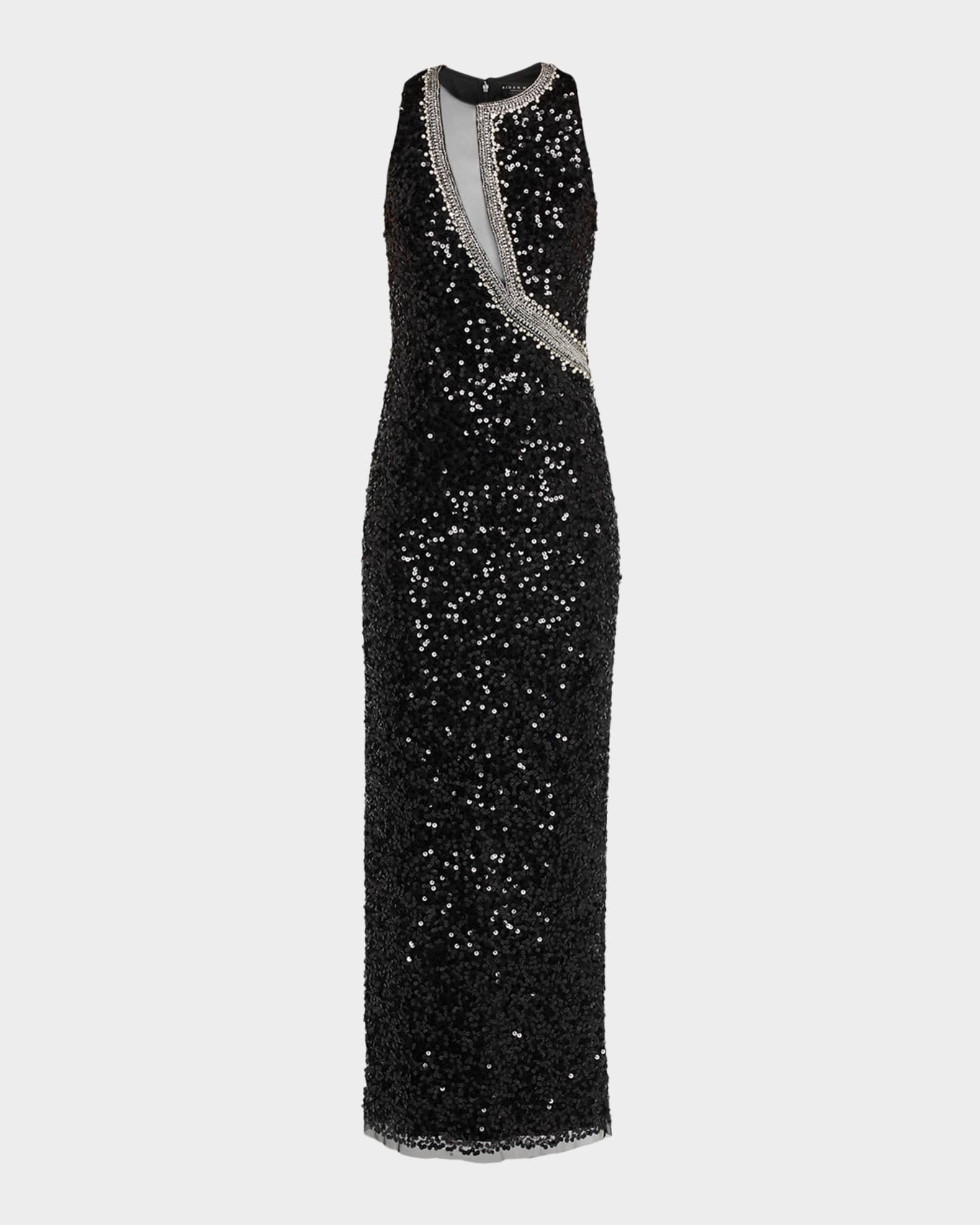 Bead-Trim Sequin Column Gown 0