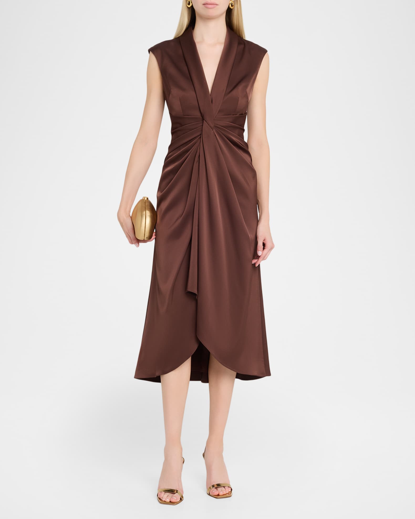 Aidan Mattox Sleeveless Pleated Twist-Front Midi Dress | Neiman Marcus