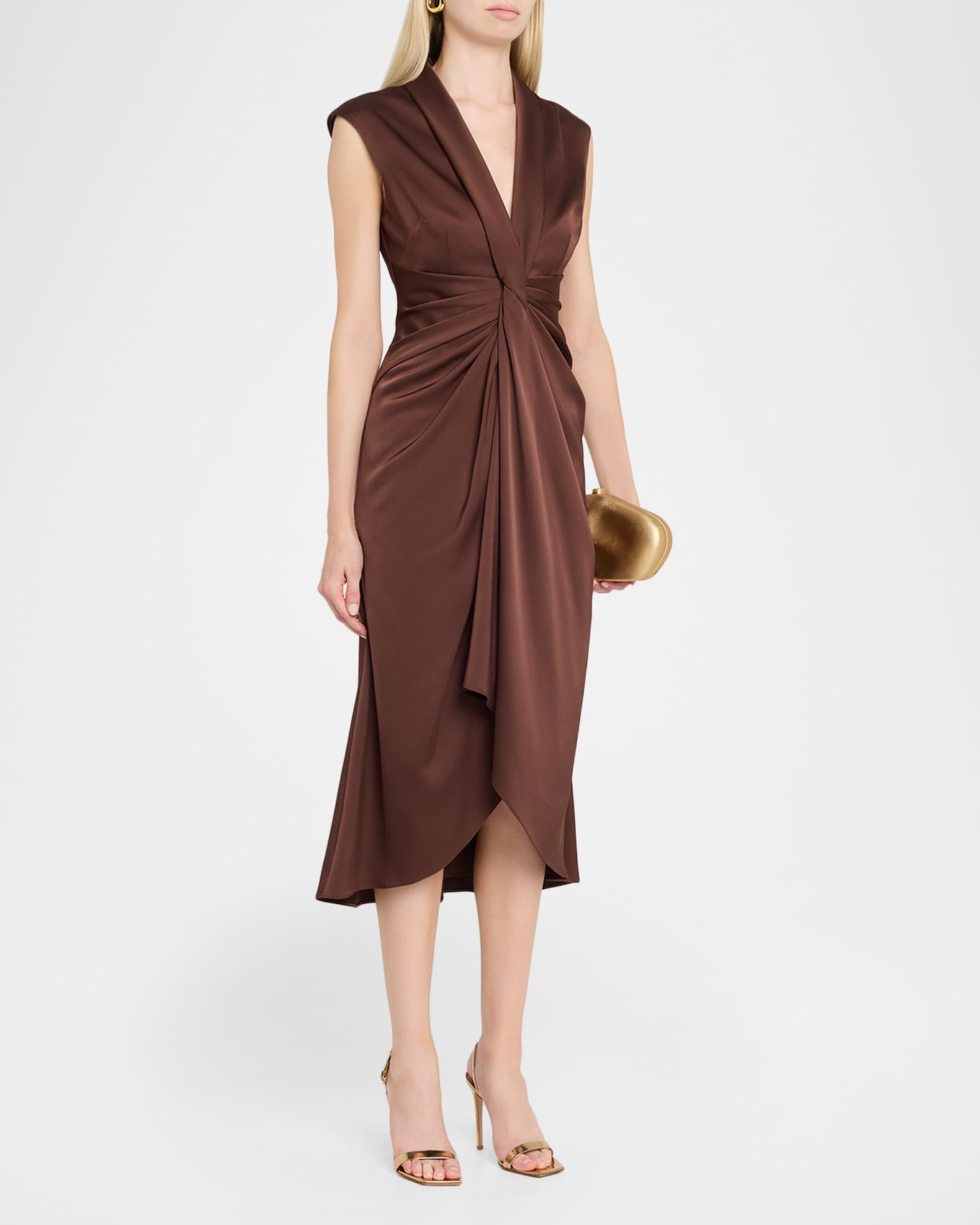 Aidan Mattox Sleeveless Pleated Twist-Front Midi Dress | Neiman Marcus