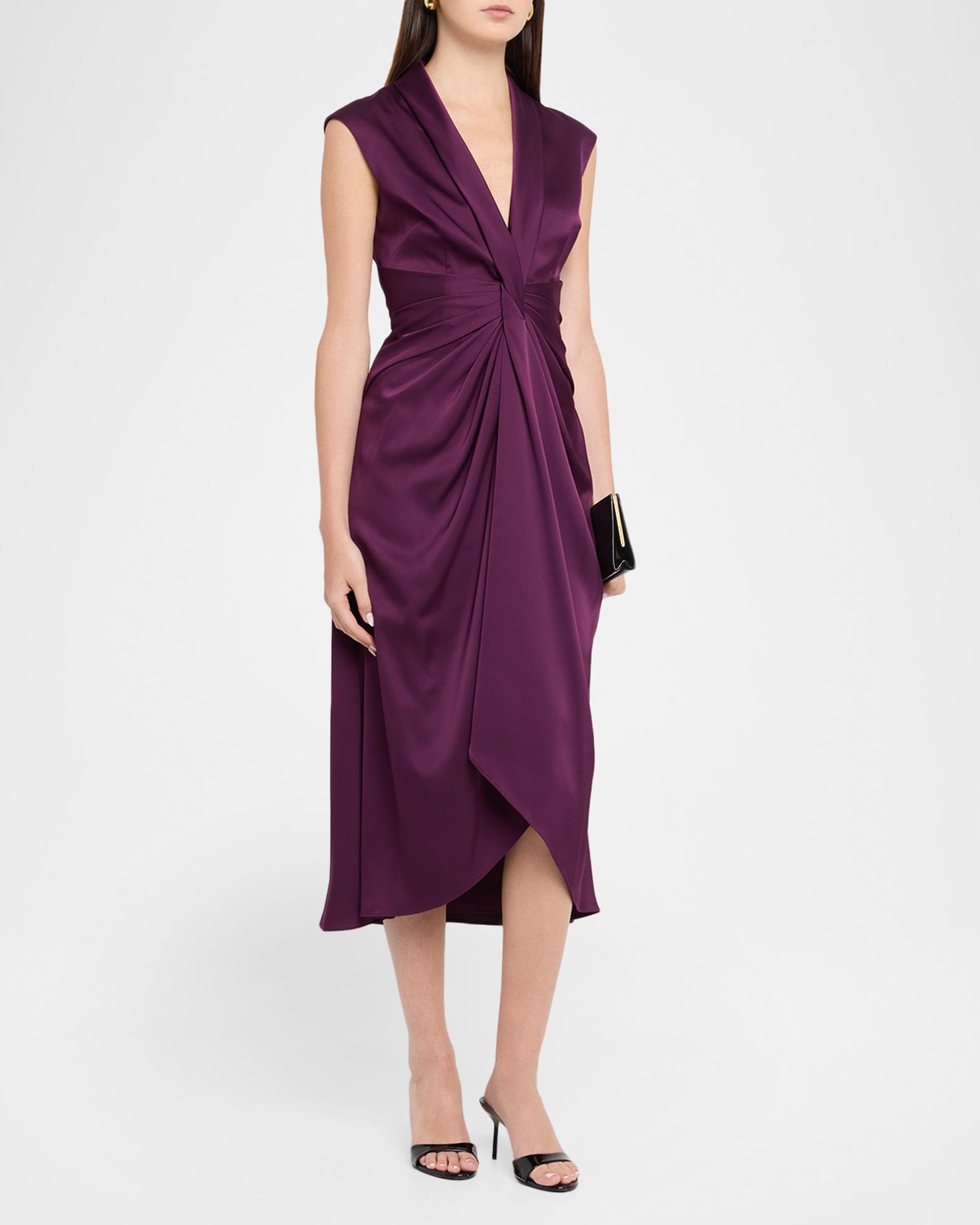 Aidan Mattox Sleeveless Pleated Twist-Front Midi Dress | Neiman Marcus