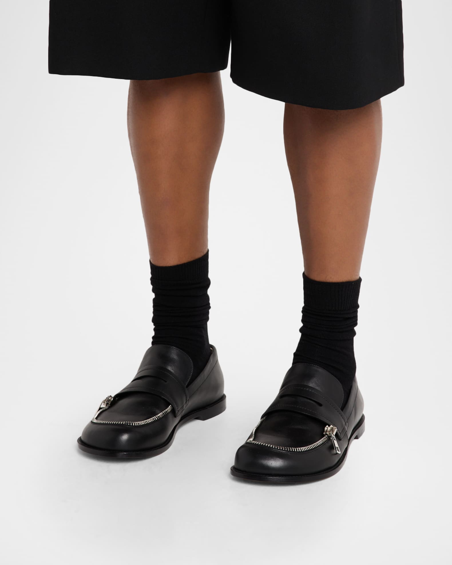 JW Anderson Men's Biker Zip-Trim Leather Penny Loafers | Neiman Marcus