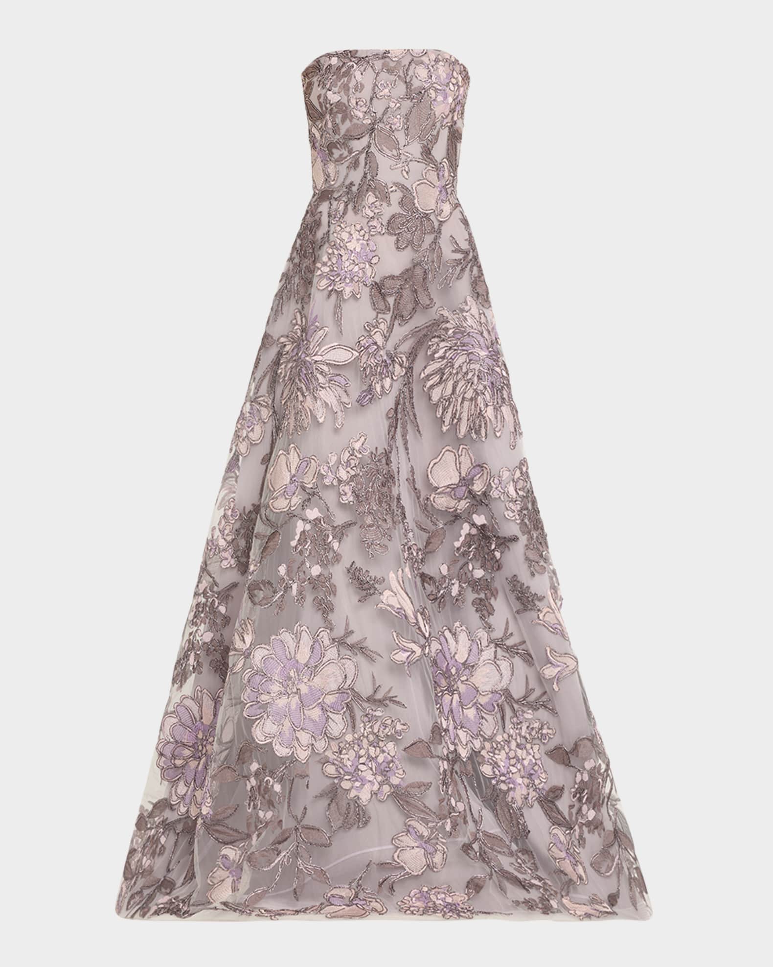 Strapless Floral Raffia Embroidered Gown 0