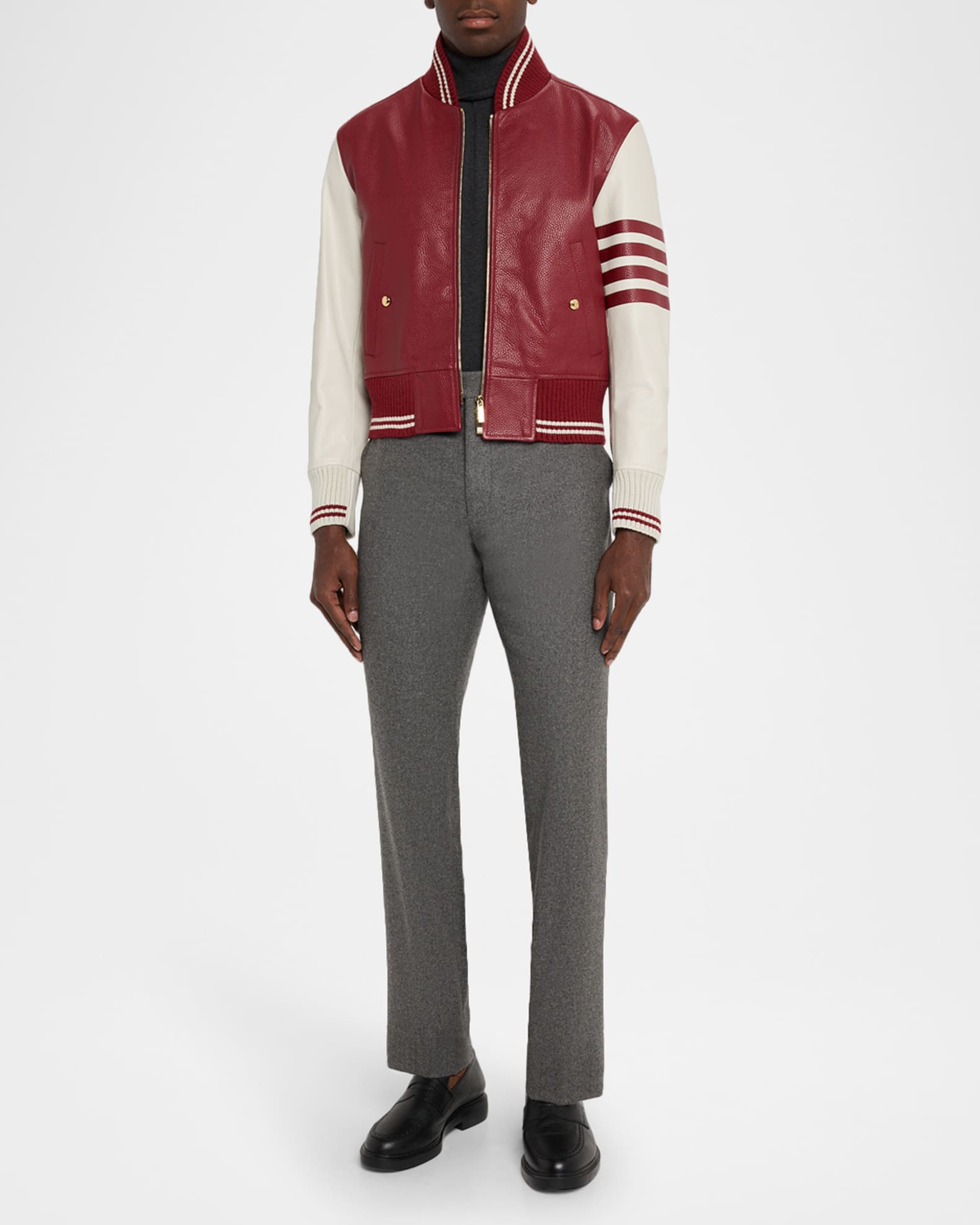 Thom Browne Men's Striped Leather Varsity Jacket | Neiman Marcus