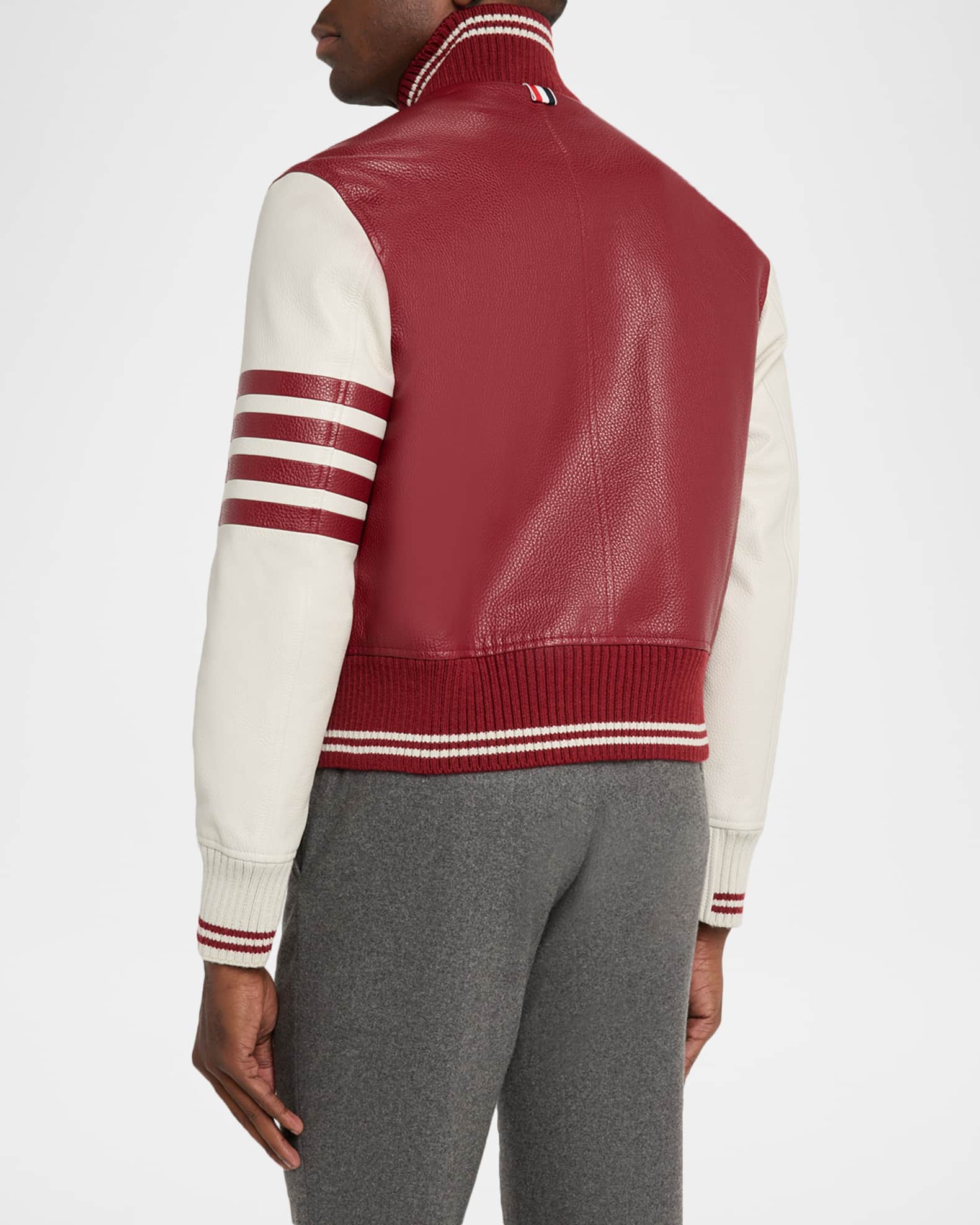 Thom Browne Men's Striped Leather Varsity Jacket | Neiman Marcus