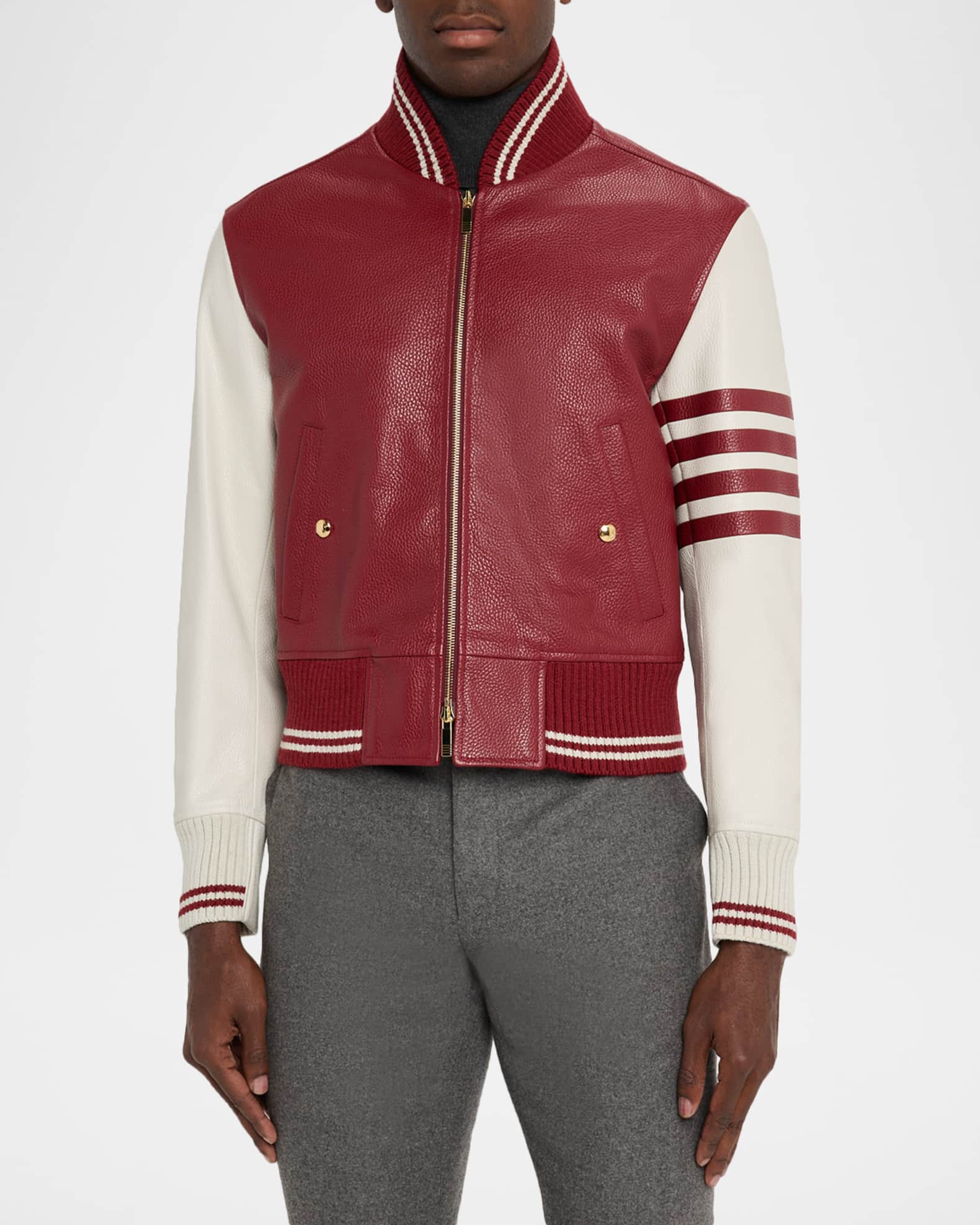Thom Browne Men's Striped Leather Varsity Jacket | Neiman Marcus