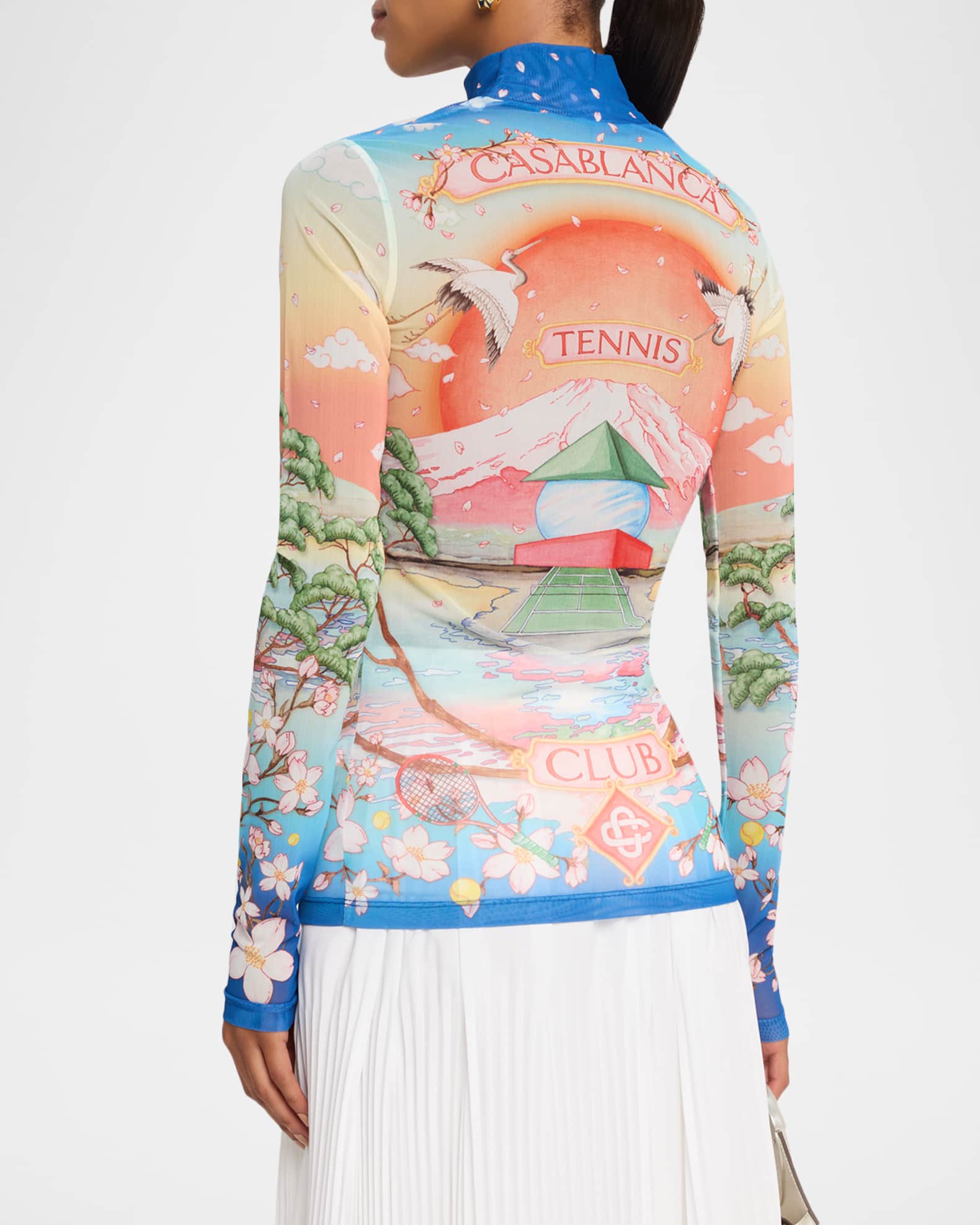 CASABLANCA Mock-Neck Printed Mesh Long-Sleeve Top | Neiman Marcus