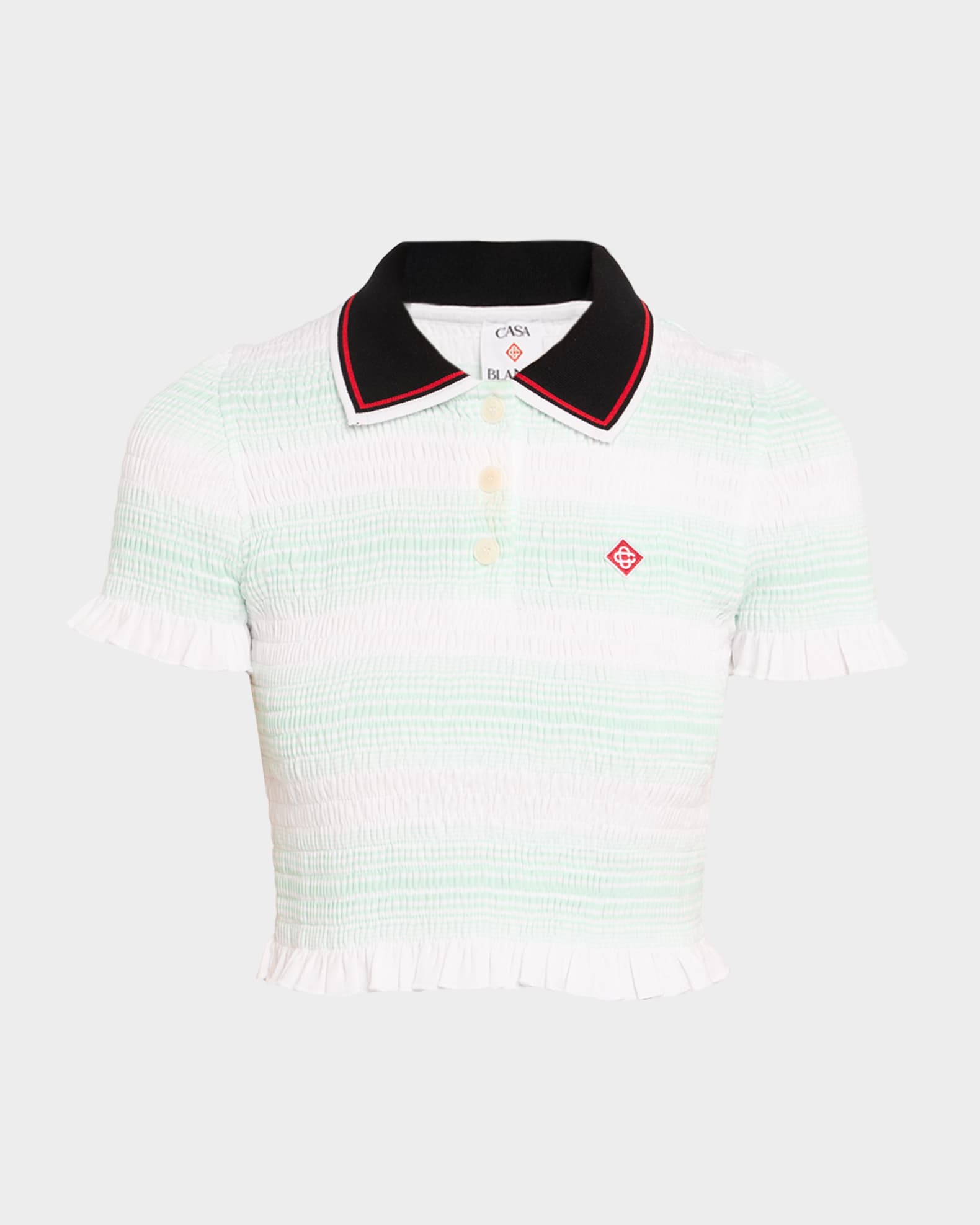 CASABLANCA Stripe Shirred Crop Polo Shirt | Neiman Marcus