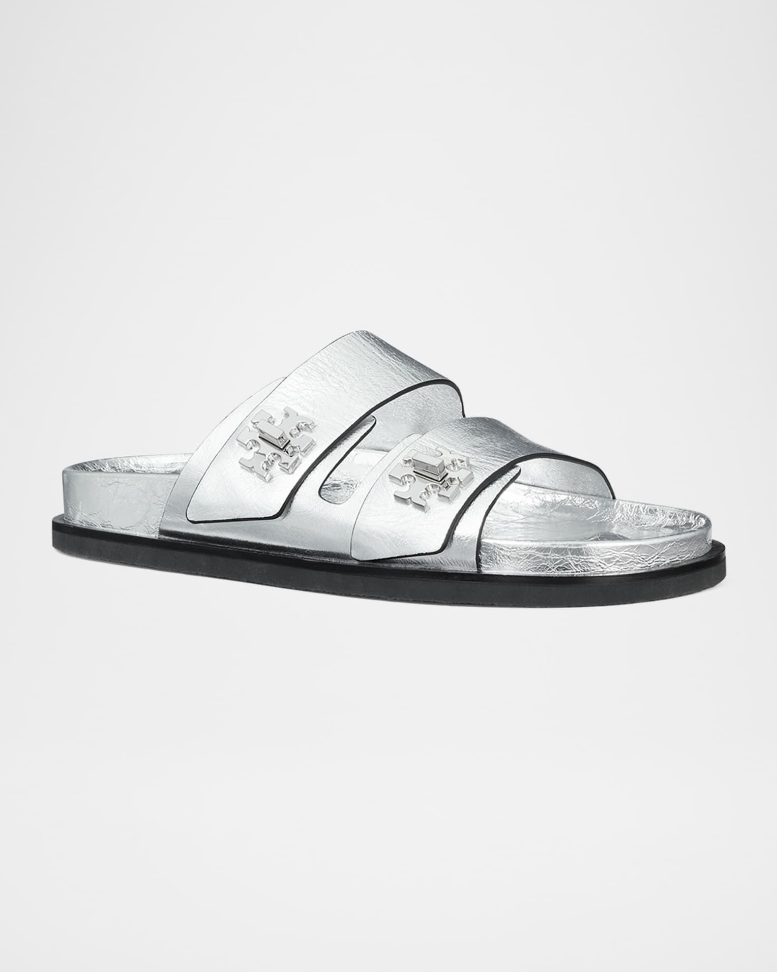 関税・送料込み 『Tory Burch』Tロックメタリックレザースライド Tory Burch Turnlock Metallic Leather Sport Slides | Neiman