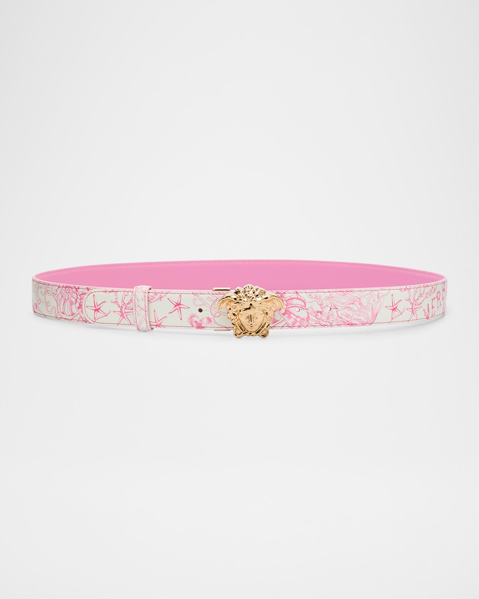 Versace Fuchsia Belt with Gold Logo VERSACE Hot Pink Smooth Leather Whipstitch Wide Belt Gold  main image 4