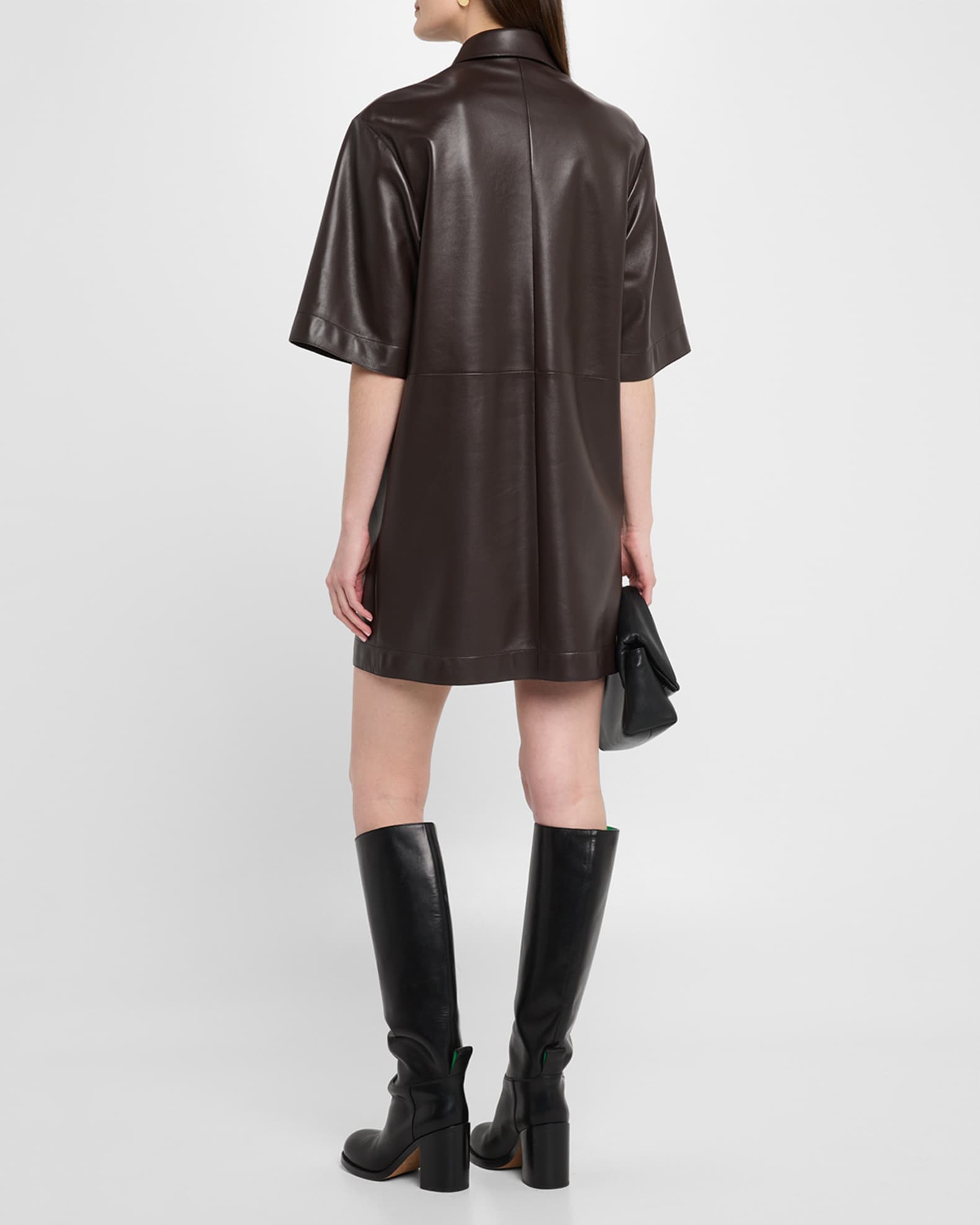 Michael Kors Women's Elbow Sleeve Lambskin Leather Shirtdress - Brown - Mini Dresses