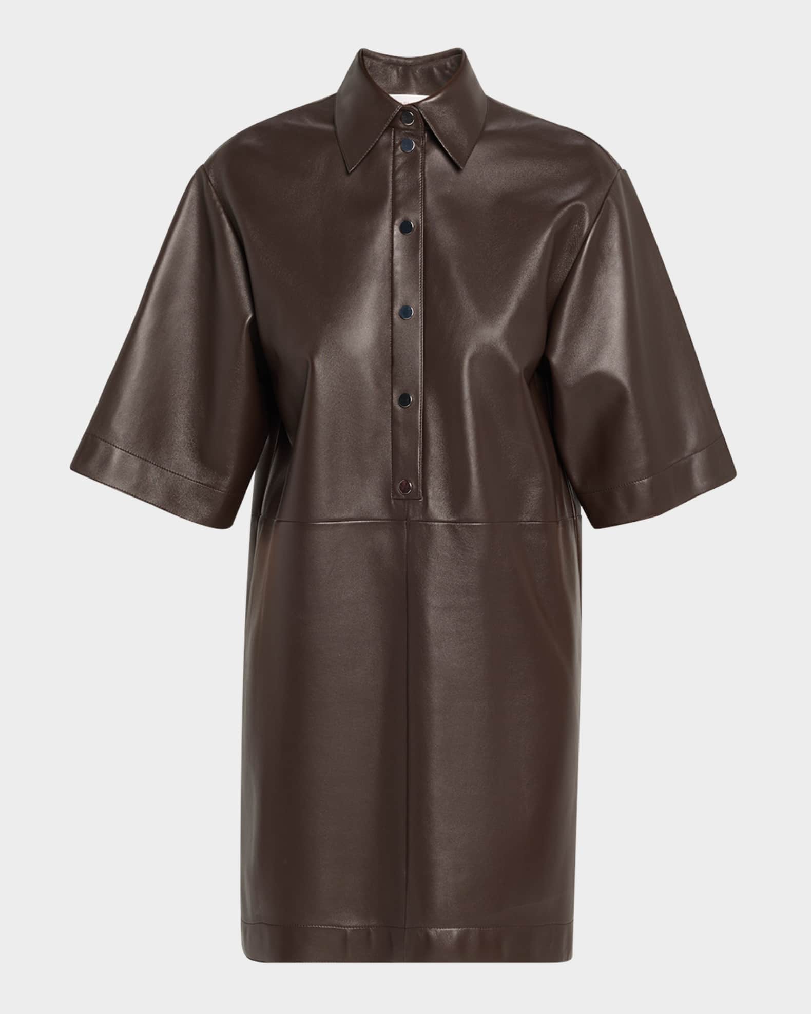 Michael Kors Women's Elbow Sleeve Lambskin Leather Shirtdress - Brown - Mini Dresses