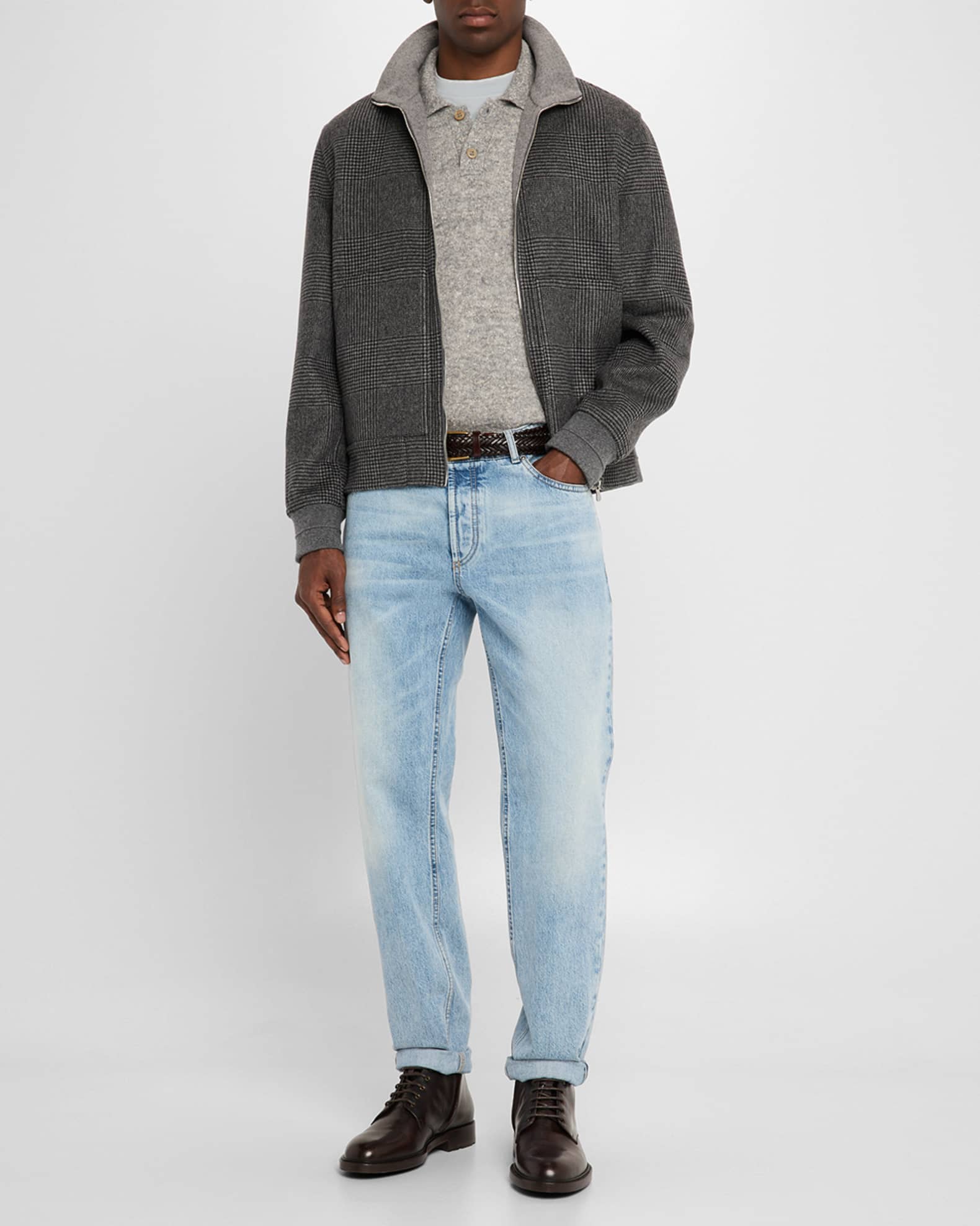 Brunello Cucinelli Men's Reversible Cashmere Plaid Full-Zip Bomber