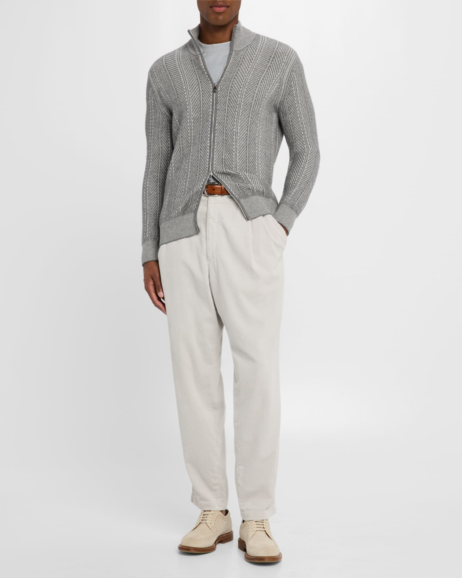 Brunello Cucinelli Men's Cashmere Chevron Full-Zip Sweater