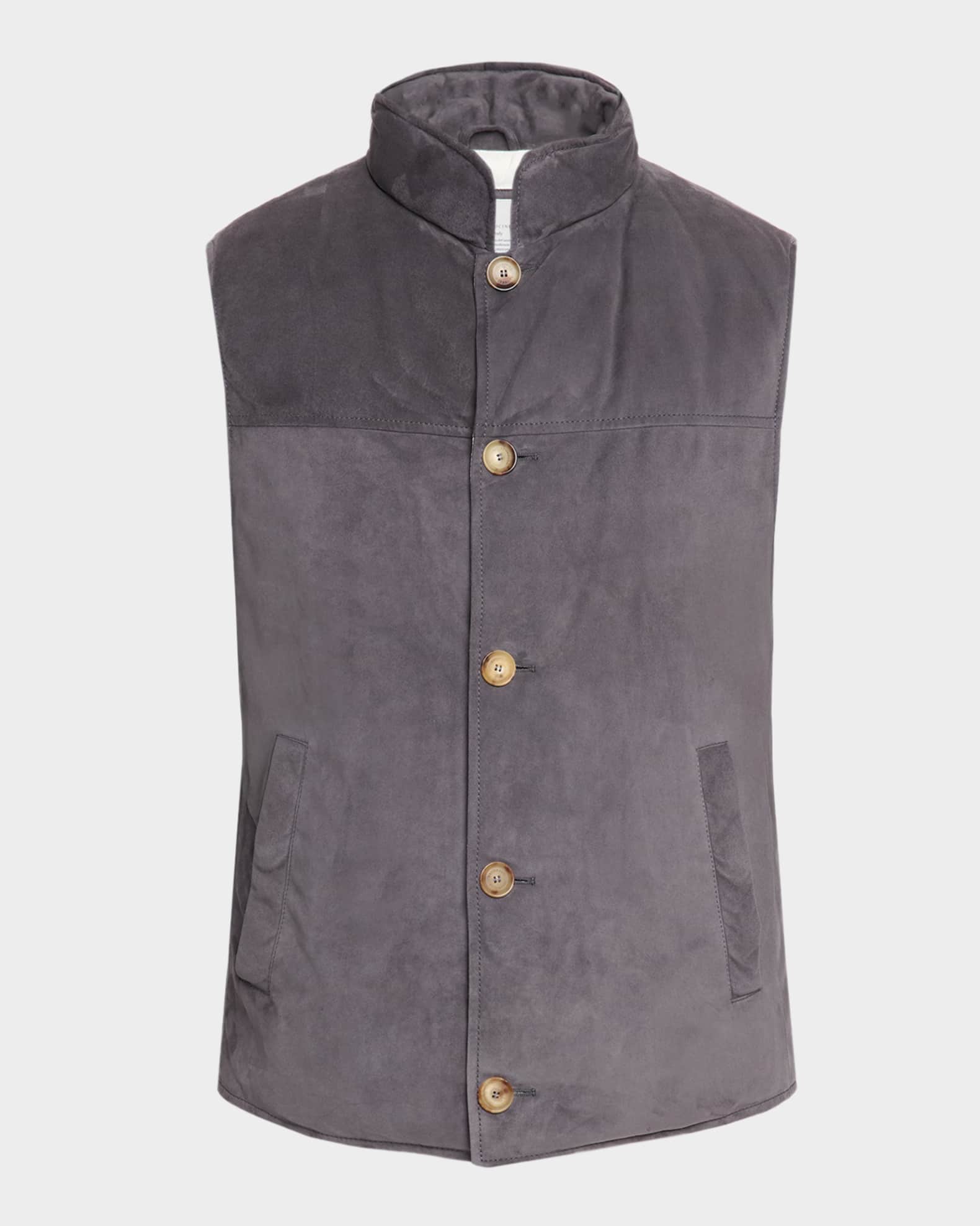 BRUNELLO CUCINELLI グレー ノーカラー ベスト Brunello Cucinelli Men's Button-Front Suede Vest | Neiman Marcus