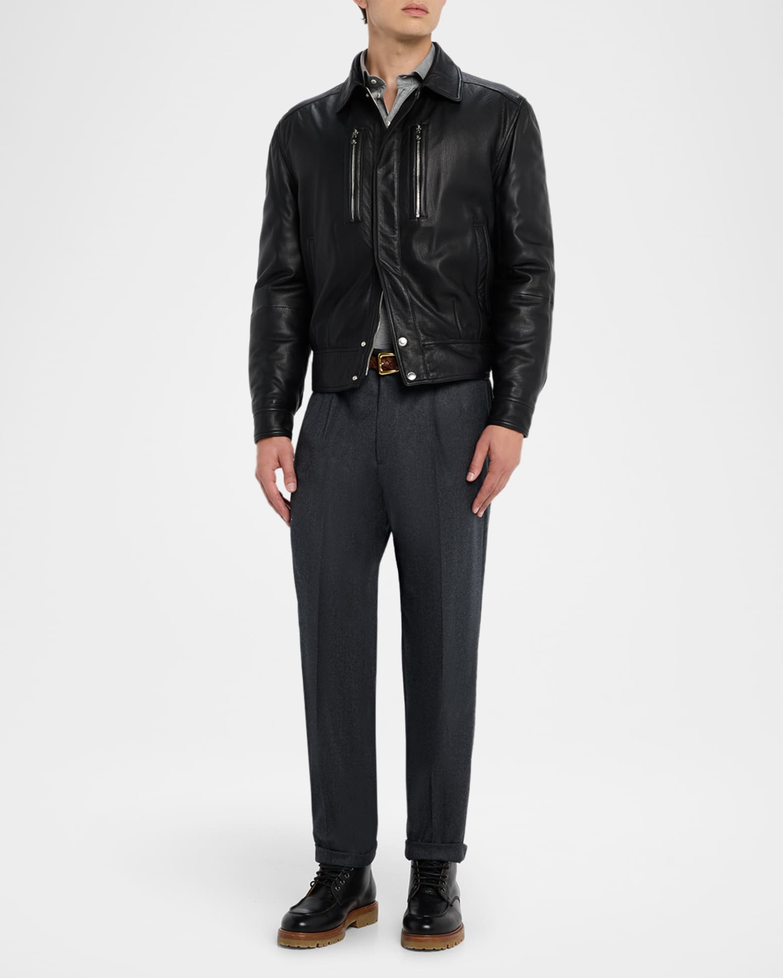 Brunello Cucinelli Men's Leather Full-Zip Bomber Jacket with