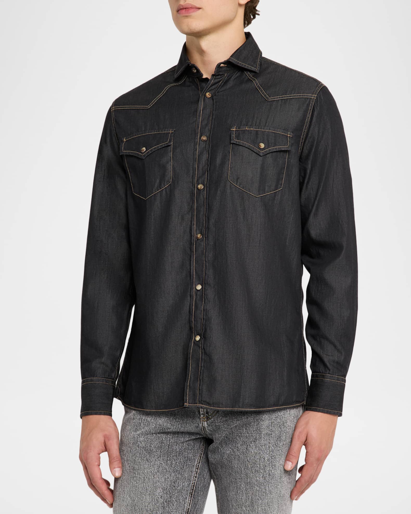 Brunello Cucinelli Mens Lightweight Denim Western Shirt | Neiman