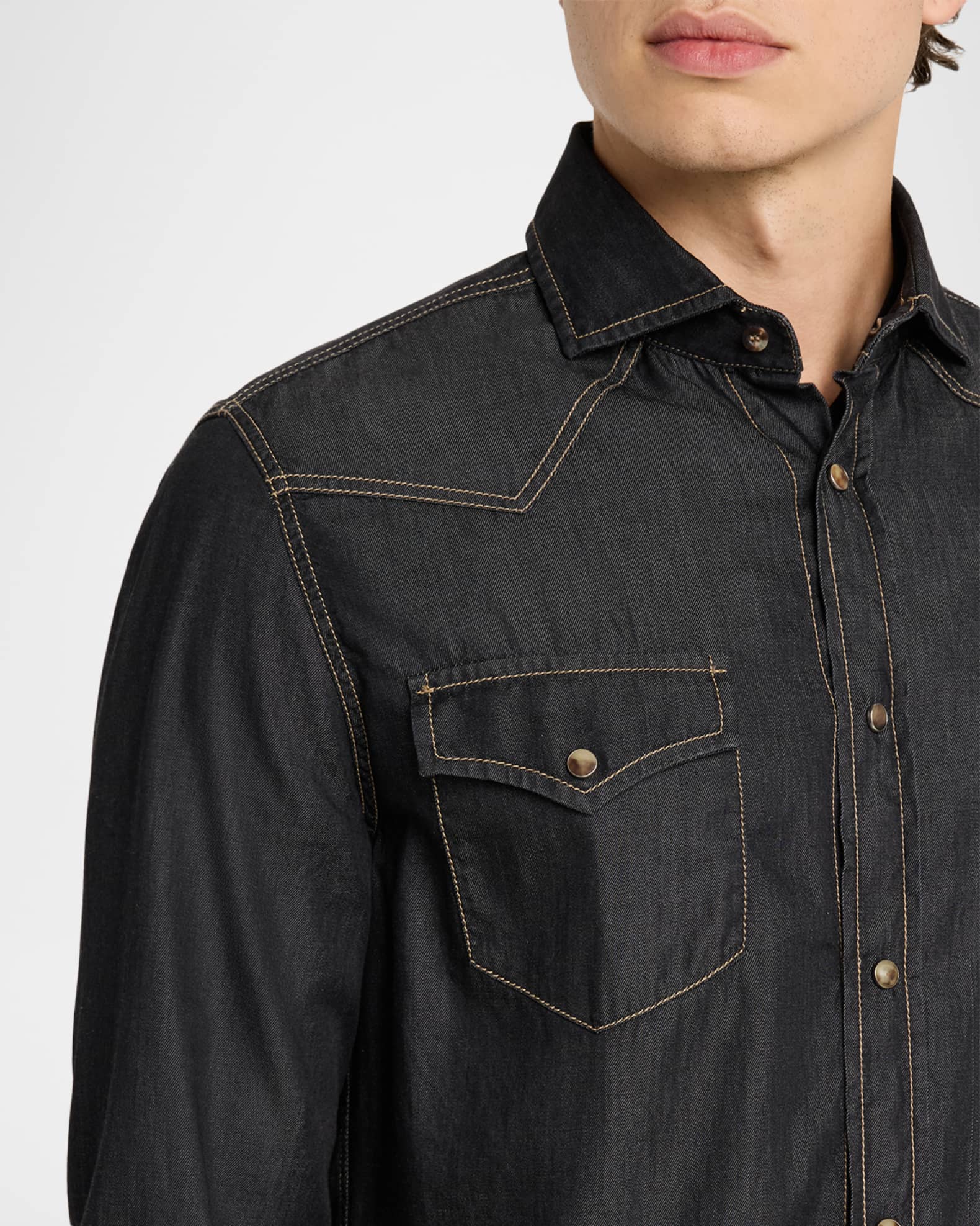 Brunello Cucinelli Mens Lightweight Denim Western Shirt | Neiman
