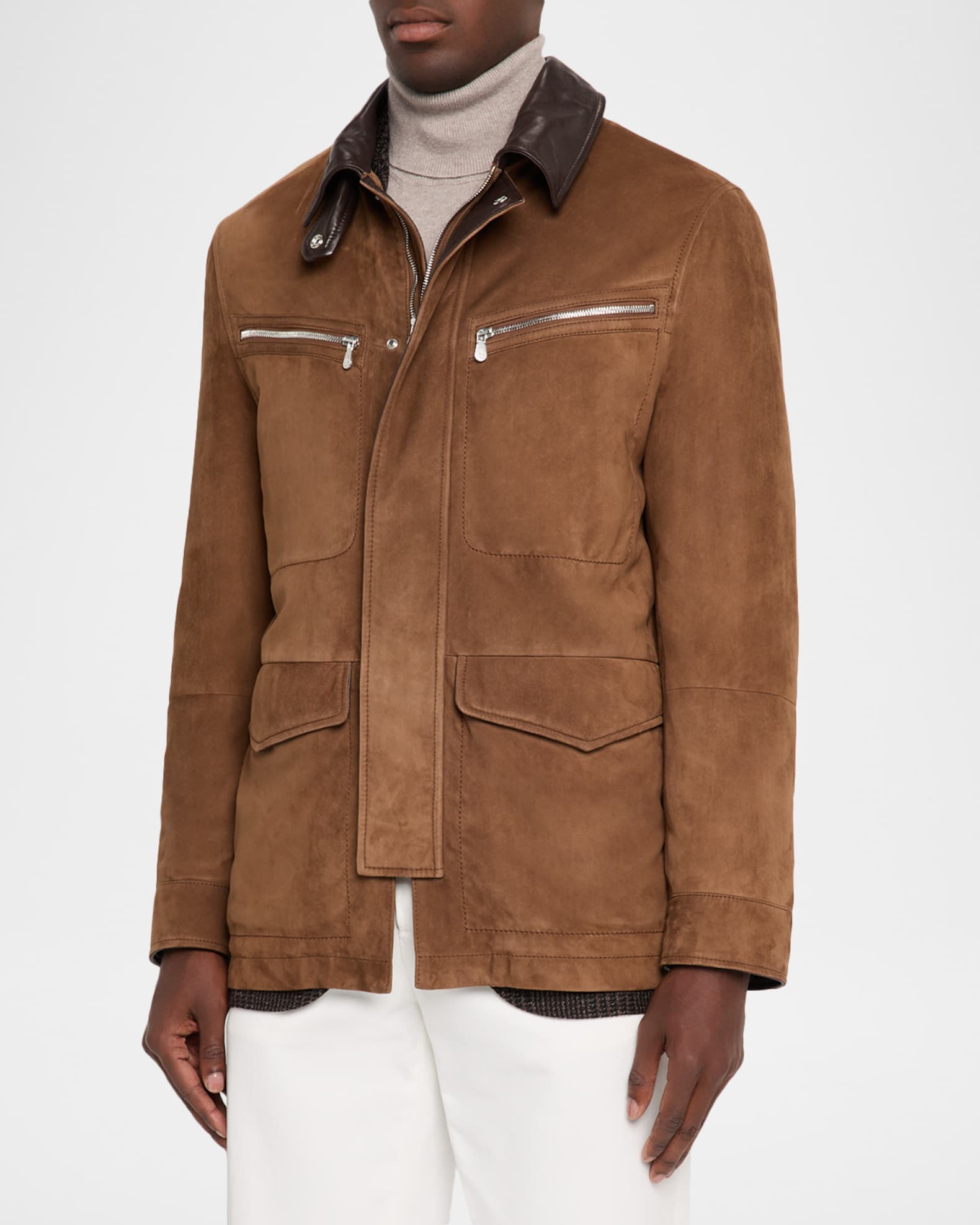 Brunello Cucinelli Men's Suede Leather-Collar Full-Zip Car Coat
