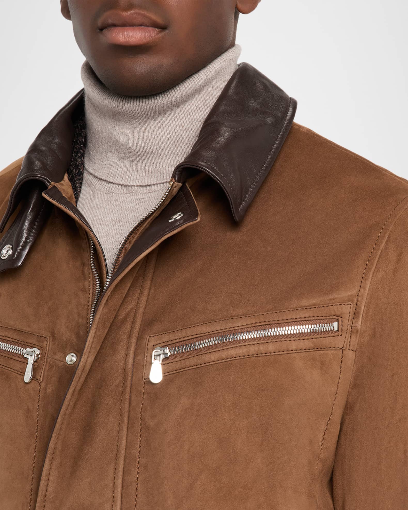 Brunello Cucinelli Men's Suede Leather-Collar Full-Zip Car Coat