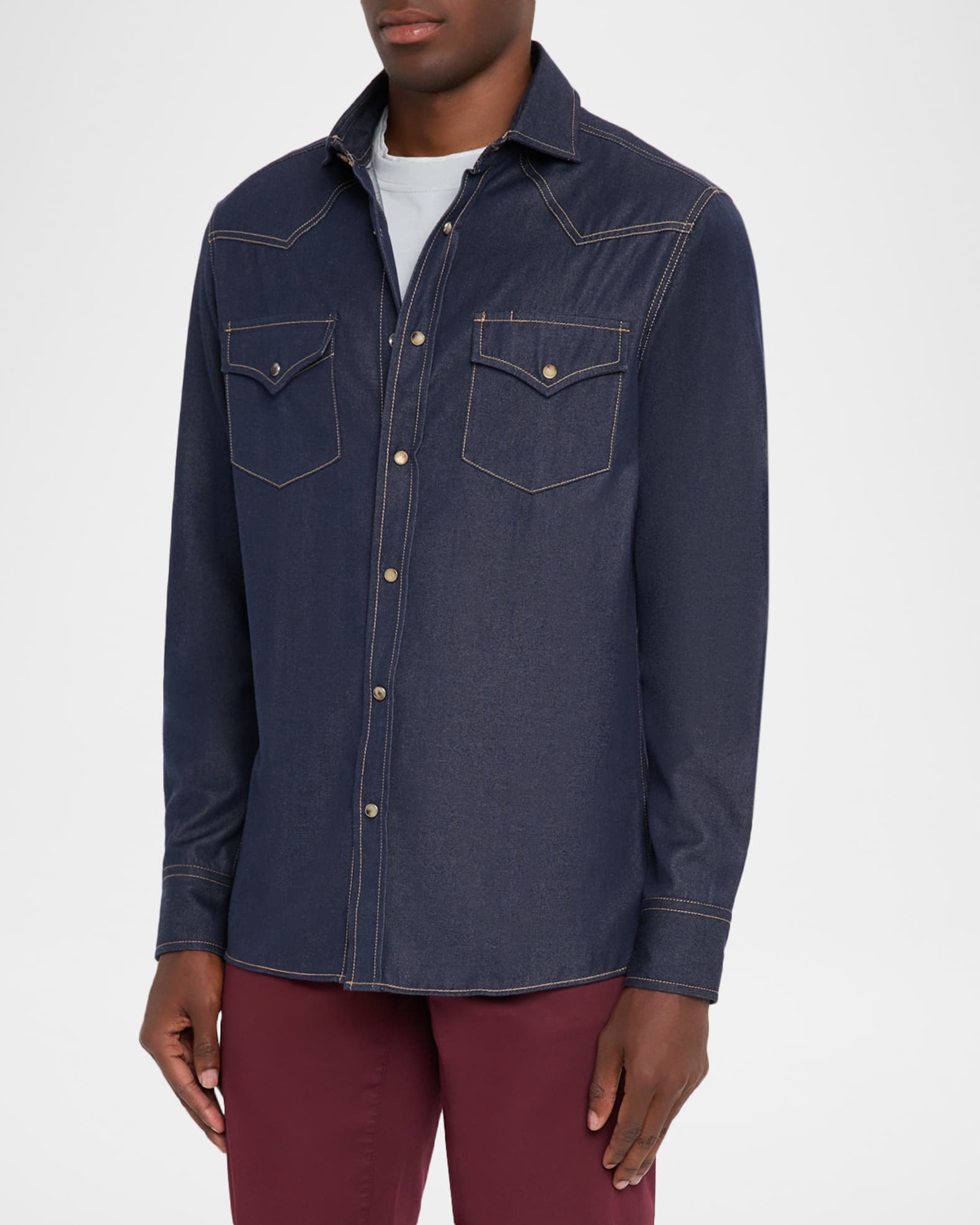 Brunello Cucinelli Men's Denim Snap-Front Western Shirt | Neiman