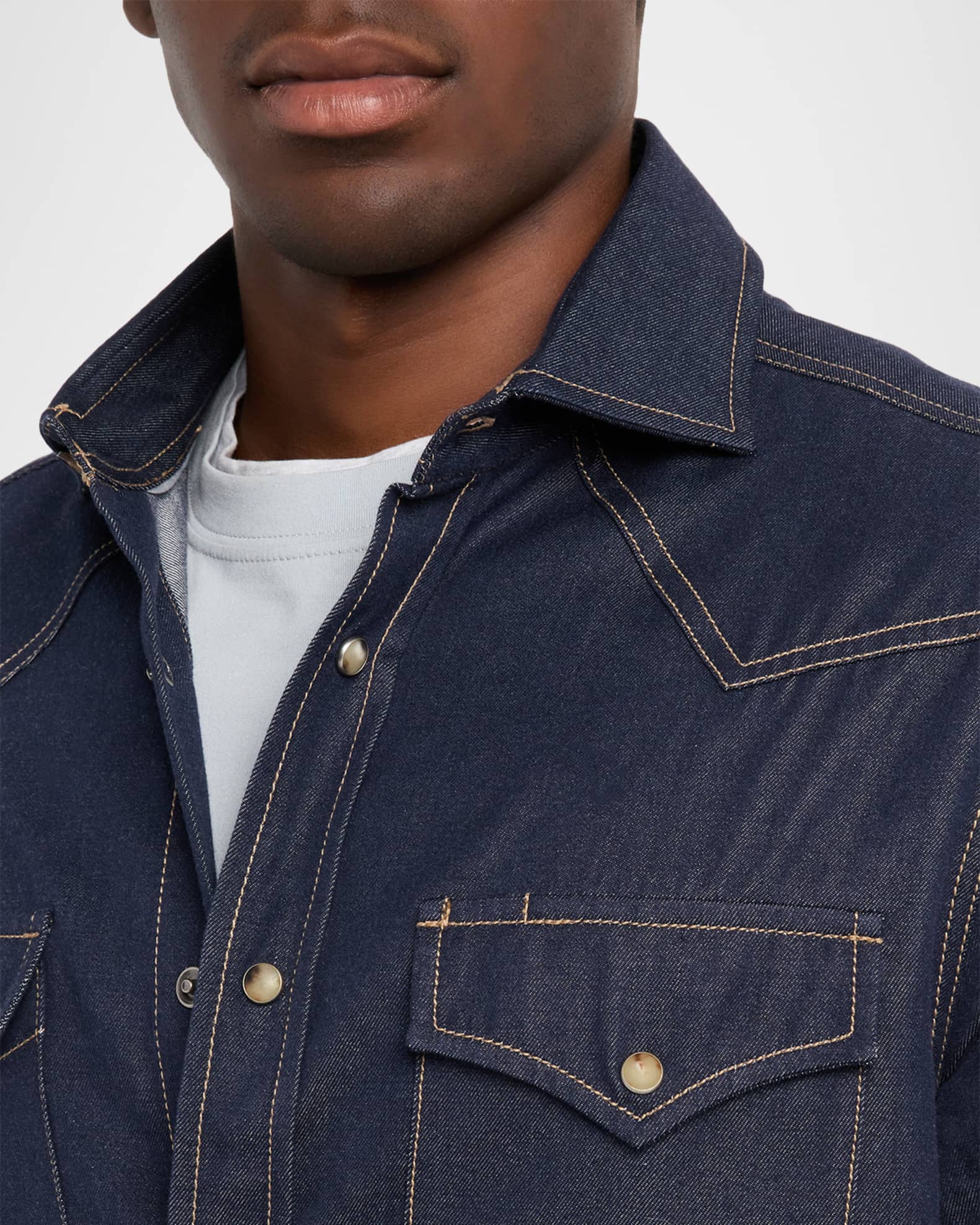 Brunello Cucinelli Men's Denim Snap-Front Western Shirt | Neiman