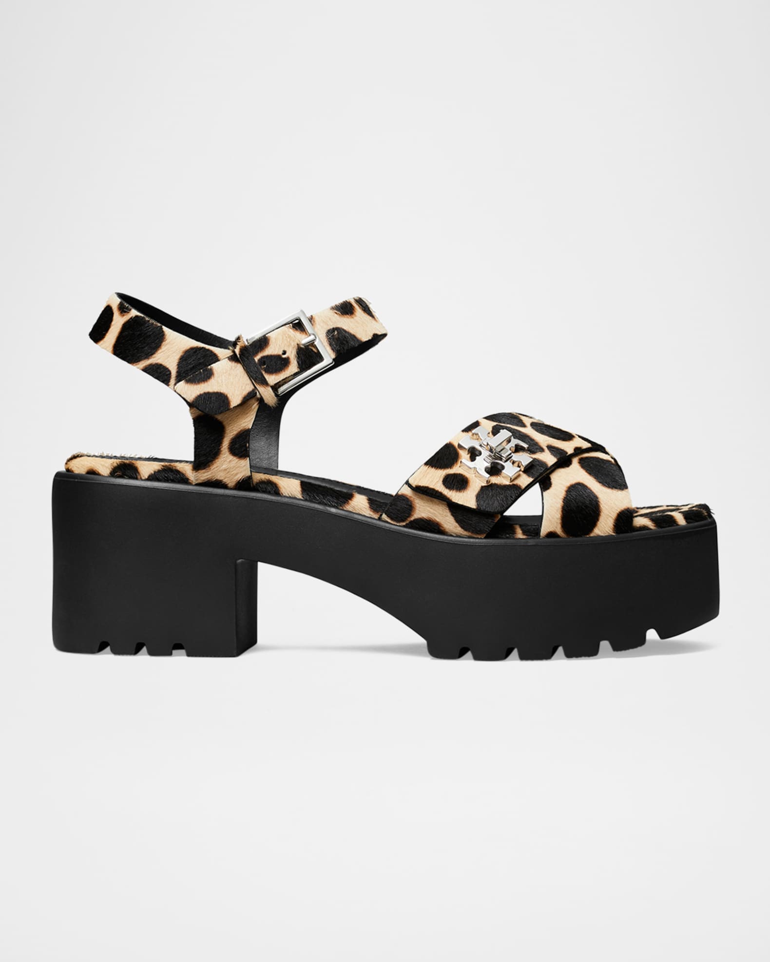 Tory Burch Turnlock Calf Hair Lug-Heeled Platform Sandals