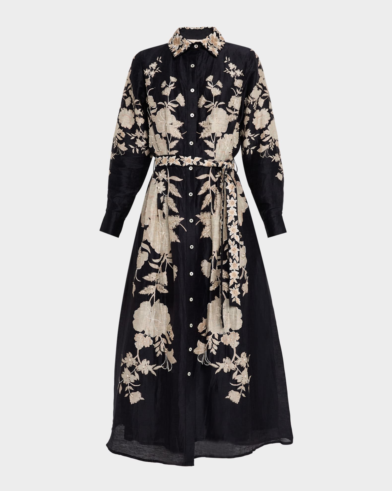 Embellished Floral Silk-Linen Organza Midi Shirtdress With Belt 0