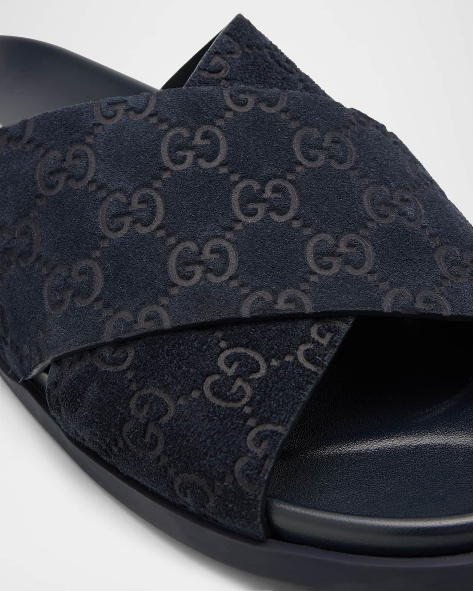 【GUCCI】M RHEIN CRISS-CROSS SLIDE GG◆834940AADUO Gucci Men's Rhein GG Suede Crisscross Side Sandals | Neiman
