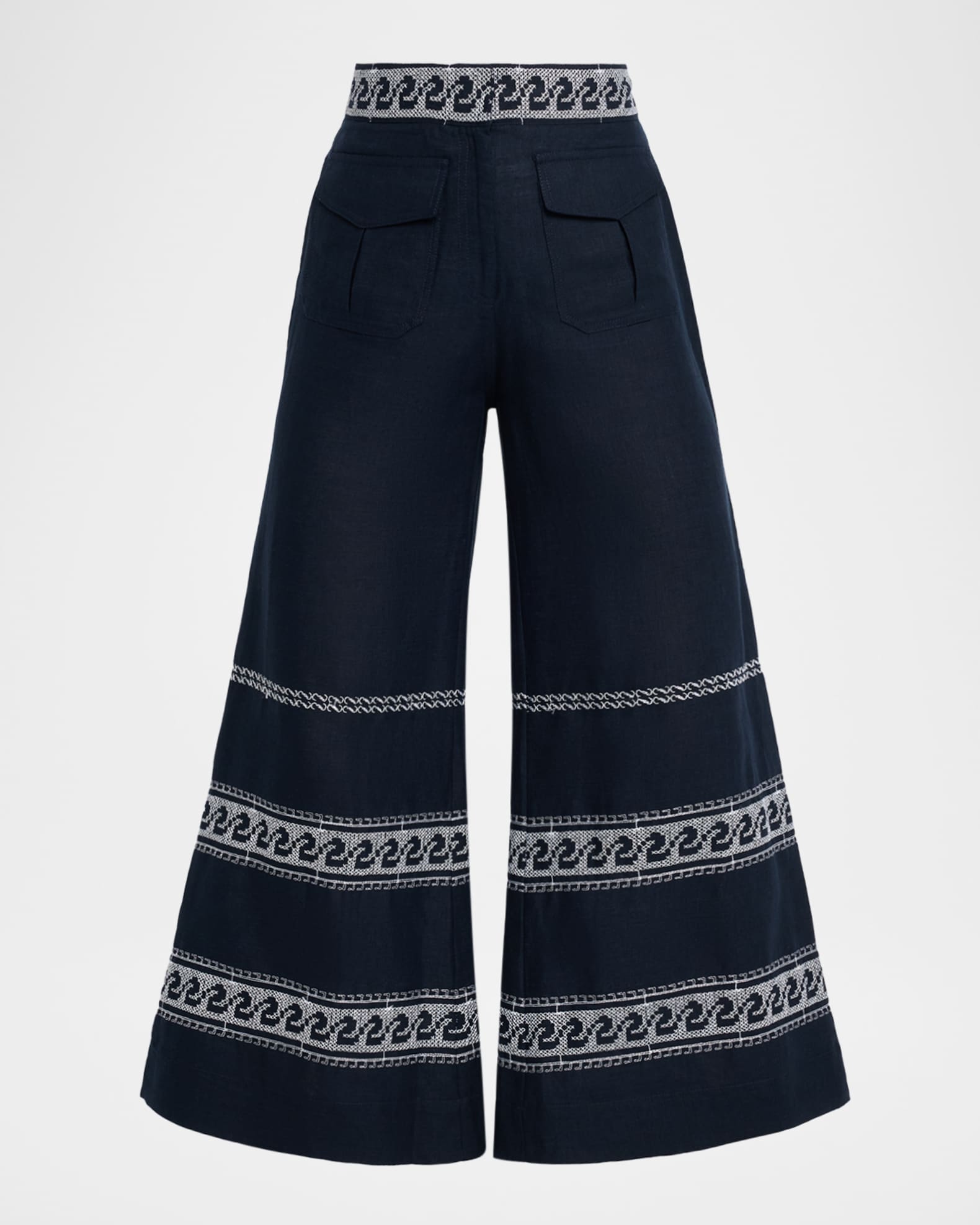 Zina Embroidered Linen Flare Crop Pants 0