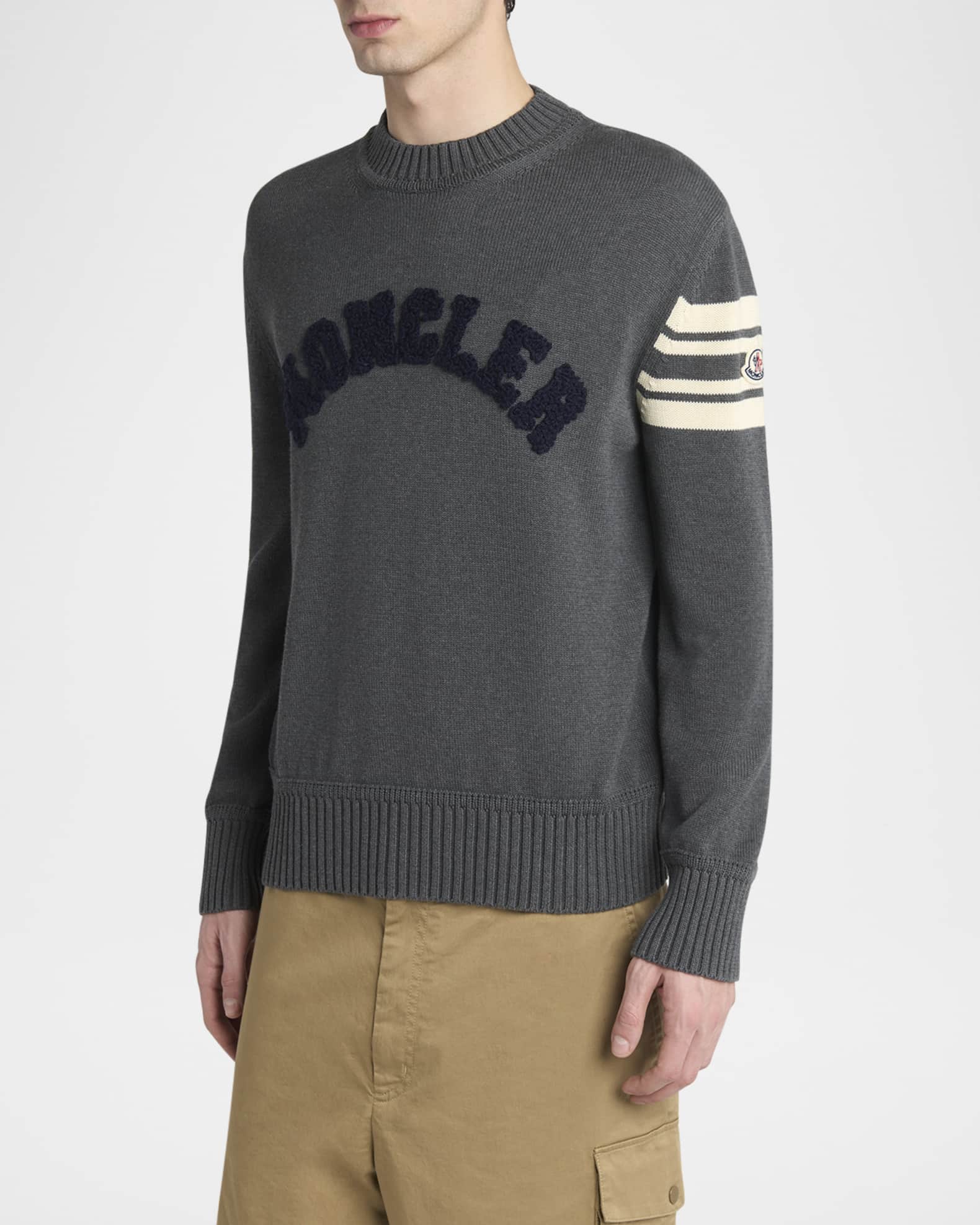 Moncler Men's Curved Logo Knit Crewneck Sweater | Neiman Marcus