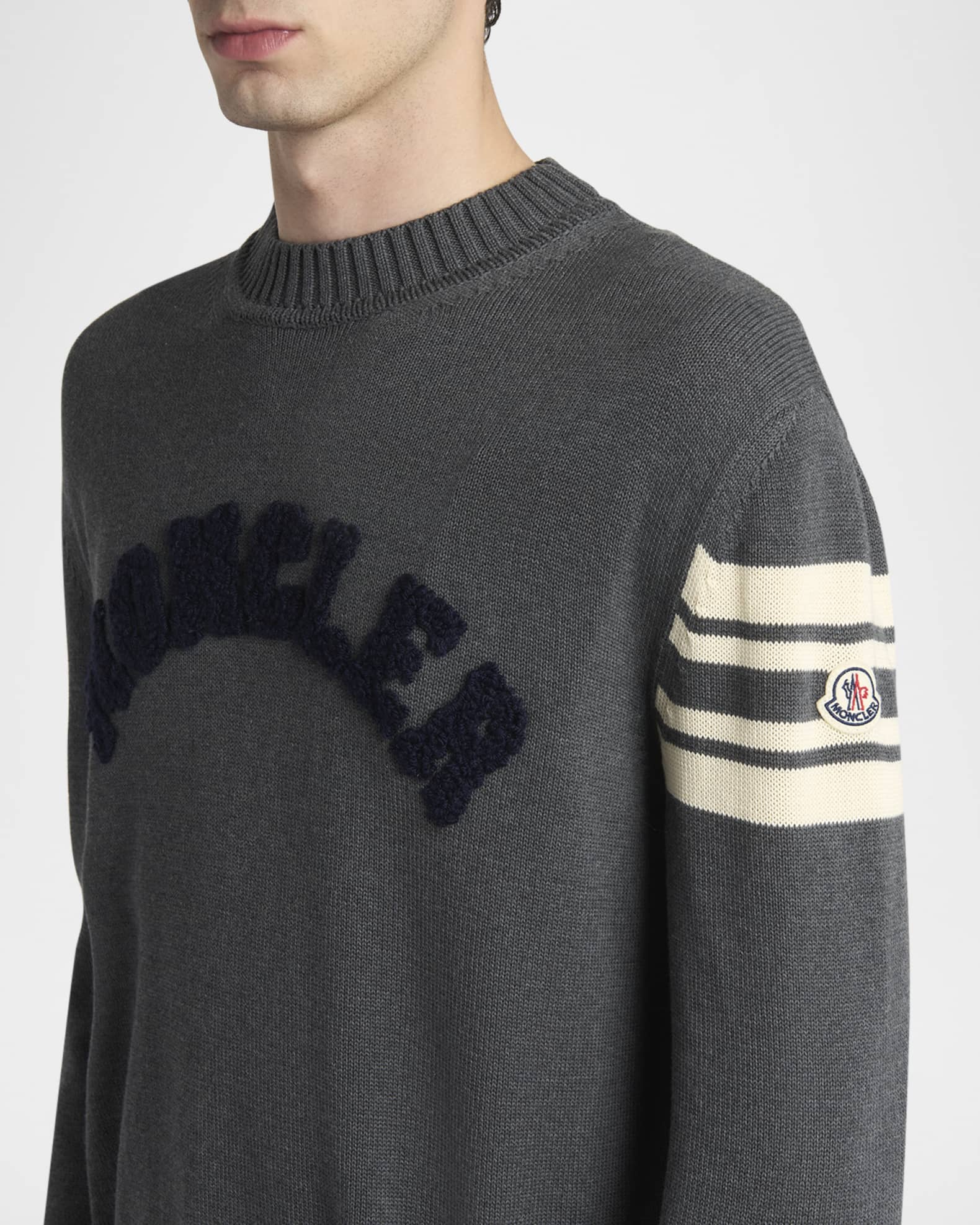 Moncler Men's Curved Logo Knit Crewneck Sweater | Neiman Marcus