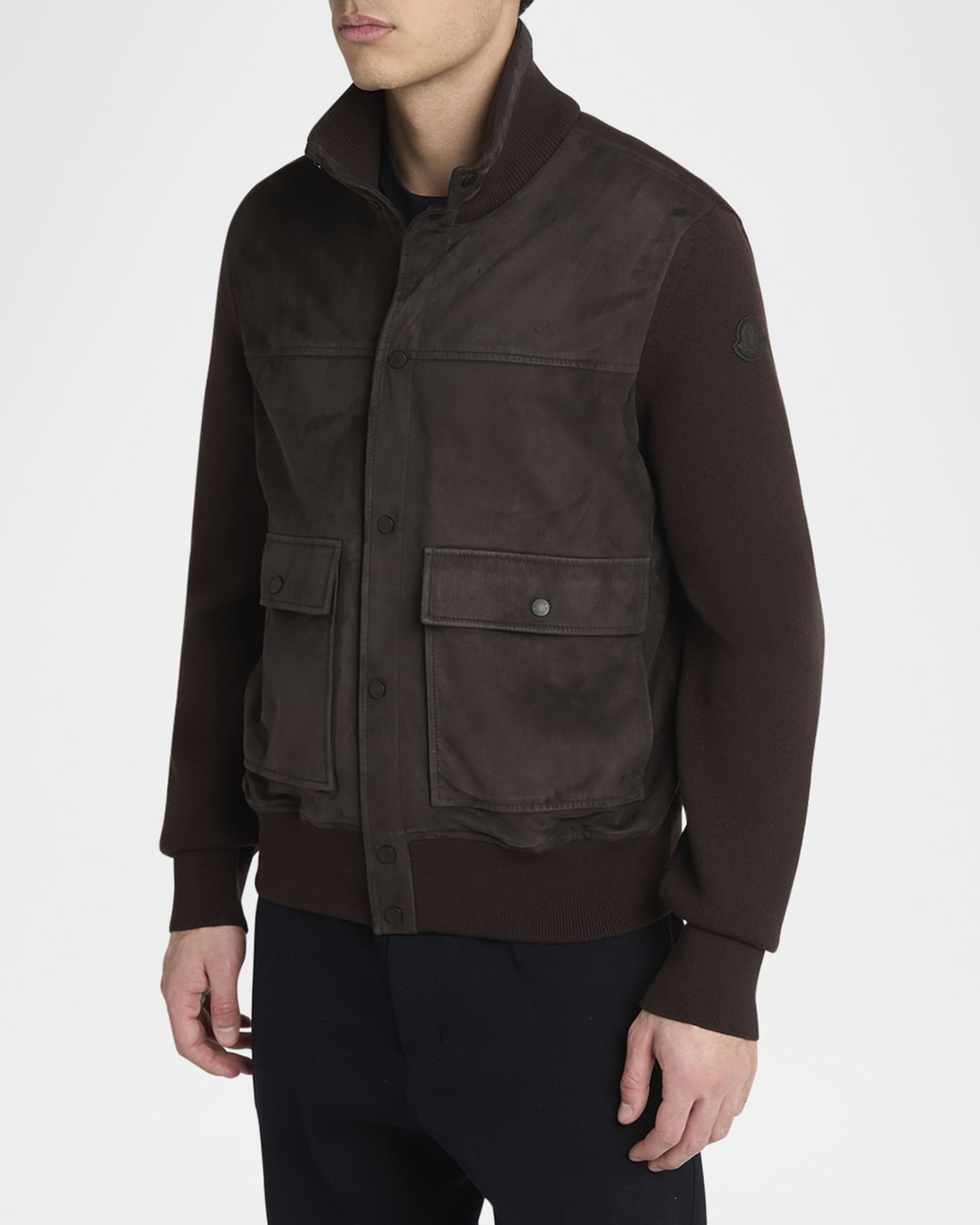 Moncler Men's Wool and Suede Snap-Front Cardigan | Neiman Marcus