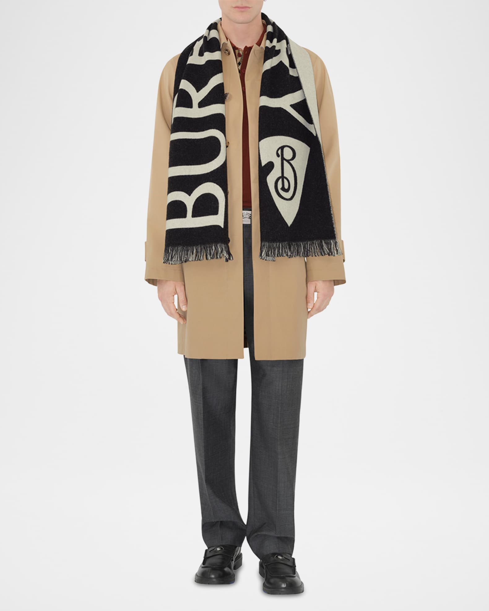 【BURBERRY】MU B SHIELD GRAPHIC SCARF Burberry Men's Wool Logo B-Shield Scarf | Neiman Marcus