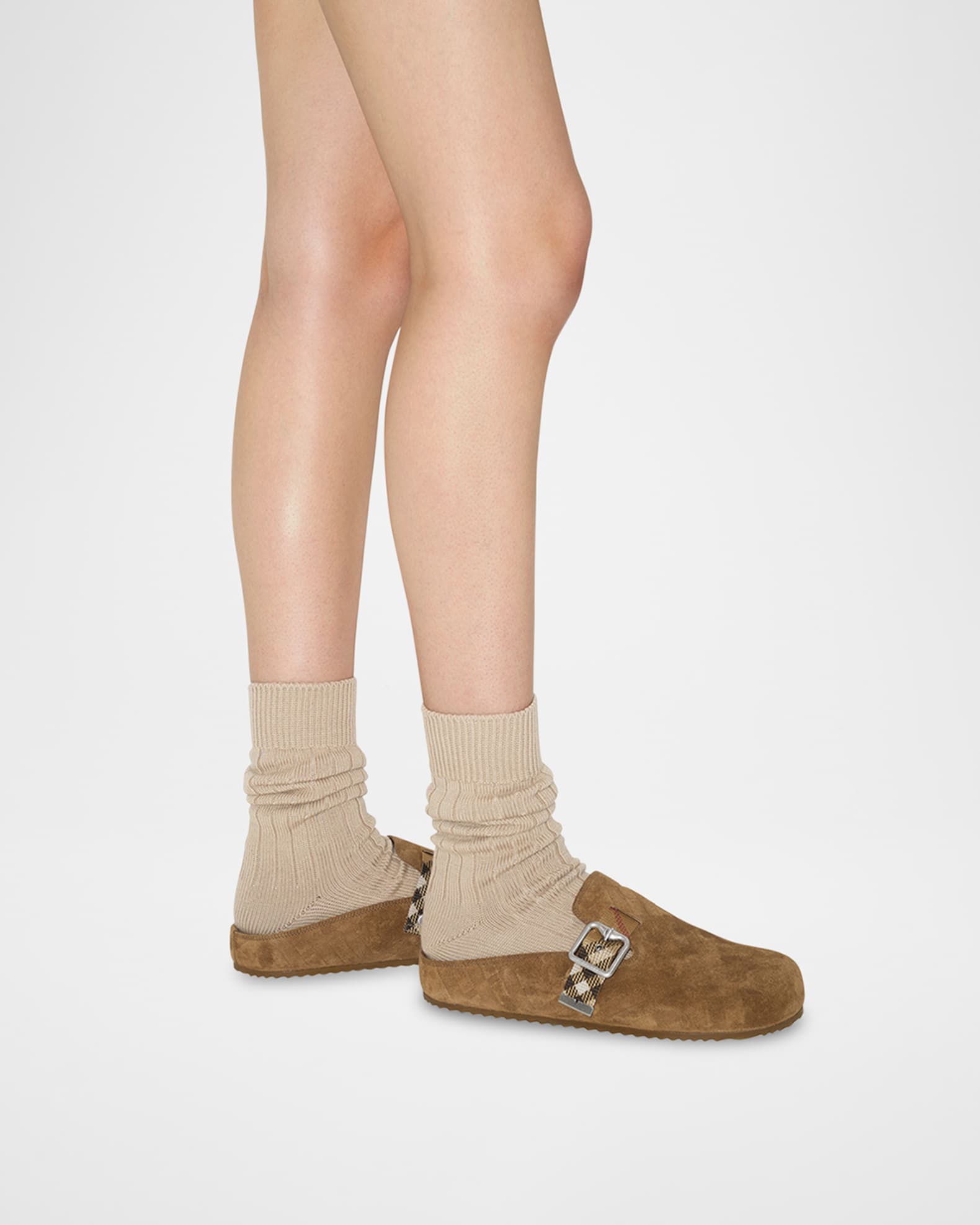 サンダル・ミュール BURBERRY Slippers and Clogs Women Suede Green/Hunter Burberry Urchin Check-Trimmed Suede Clogs | Saks Fifth Avenue