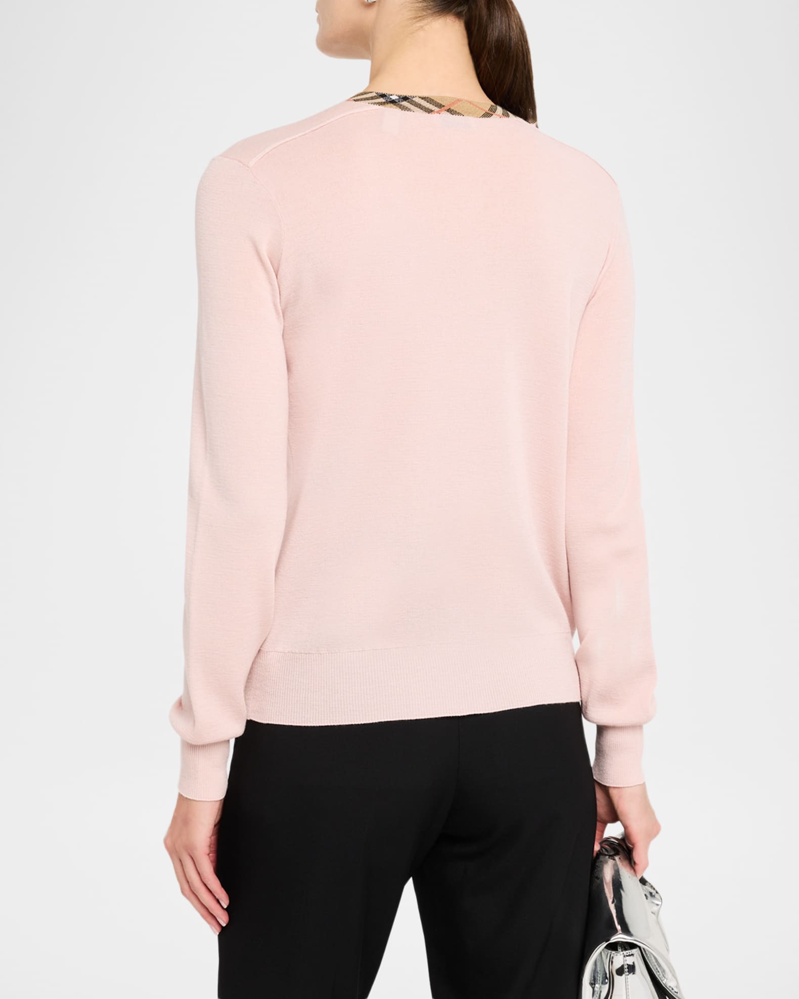 Burberry Check Collar Crewneck Cardigan | Neiman Marcus