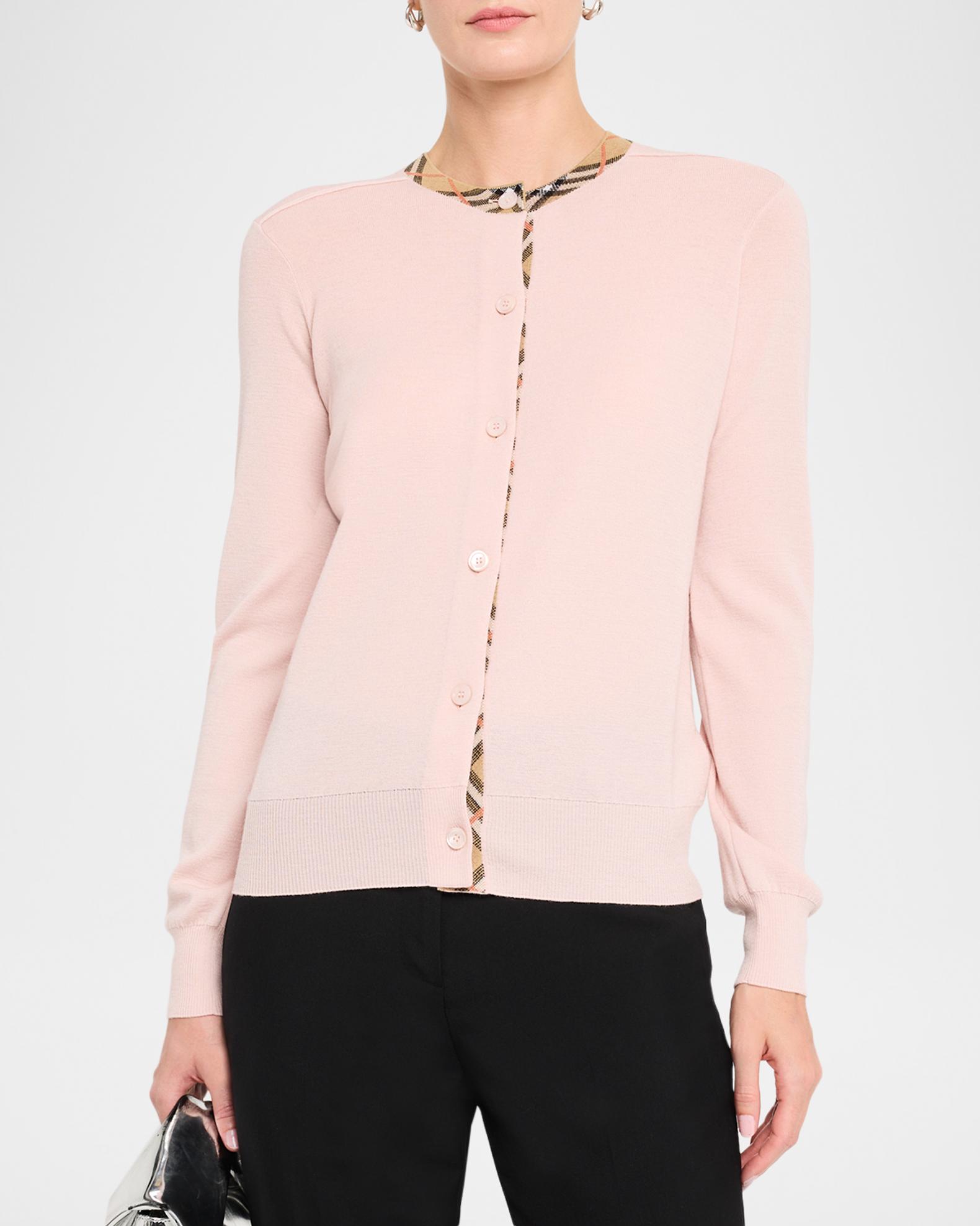 Burberry Check Collar Crewneck Cardigan | Neiman Marcus
