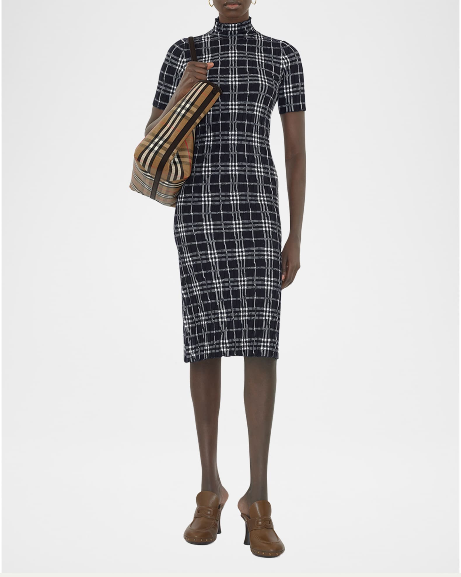 Check Short-Sleeve Crinkle Midi Dress 1