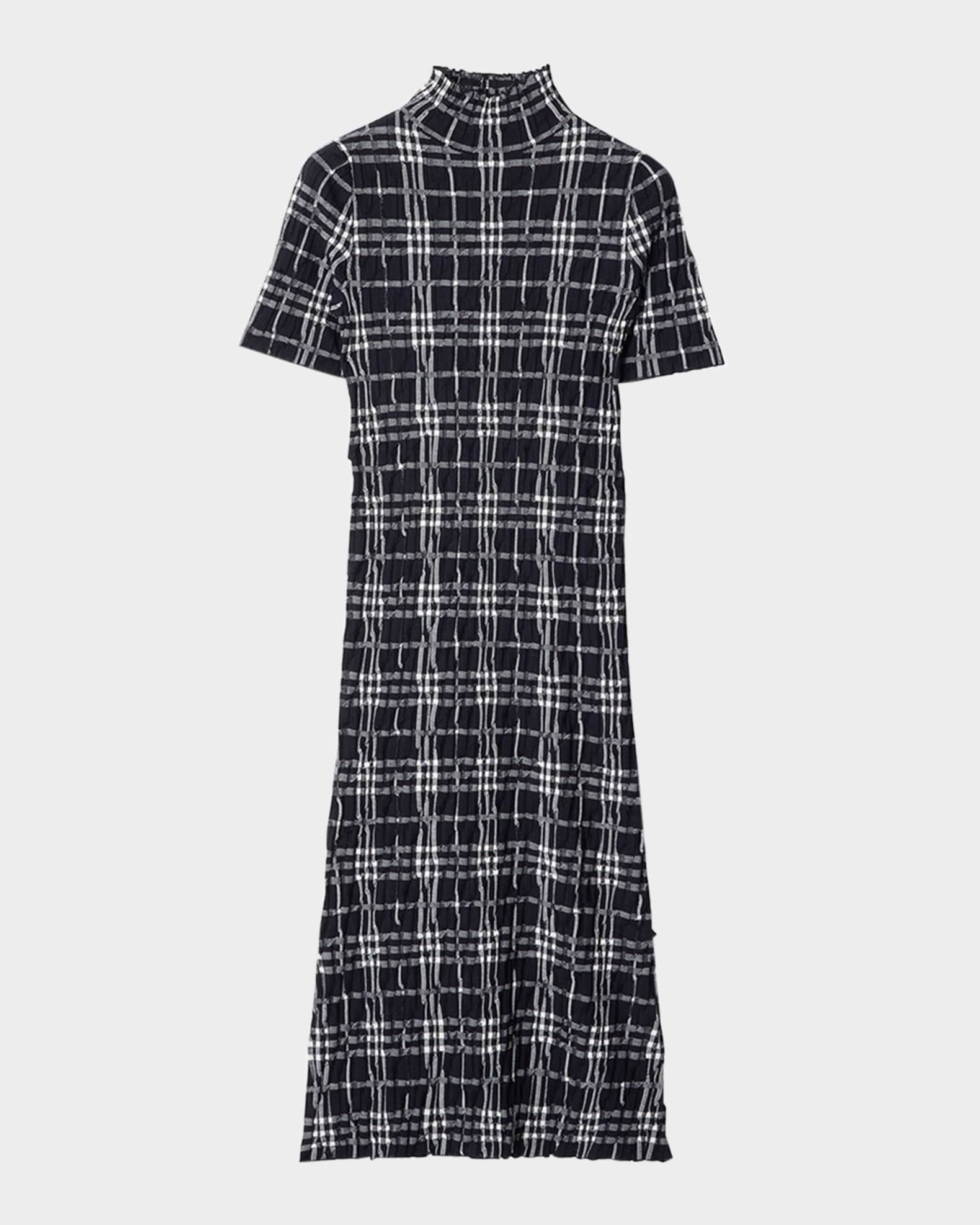 Check Short-Sleeve Crinkle Midi Dress 0