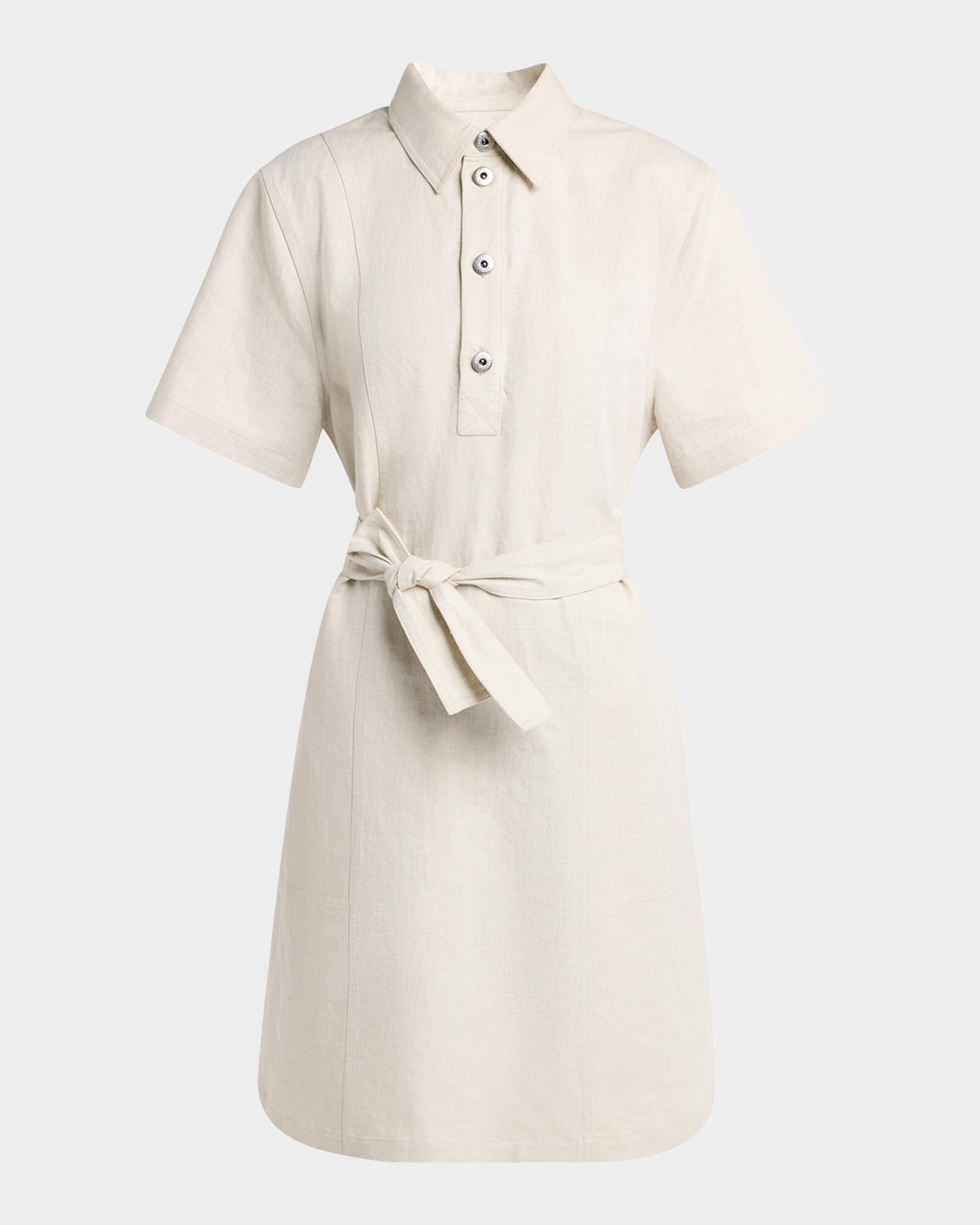 bottega mini dress Bottega Veneta Short-Sleeve Belted Cotton-Linen Twill Mini Shirtdress, Chalk Wht, Women's, 40 IT (4 US), Casual & Work Dresses Shirtdresses Button-