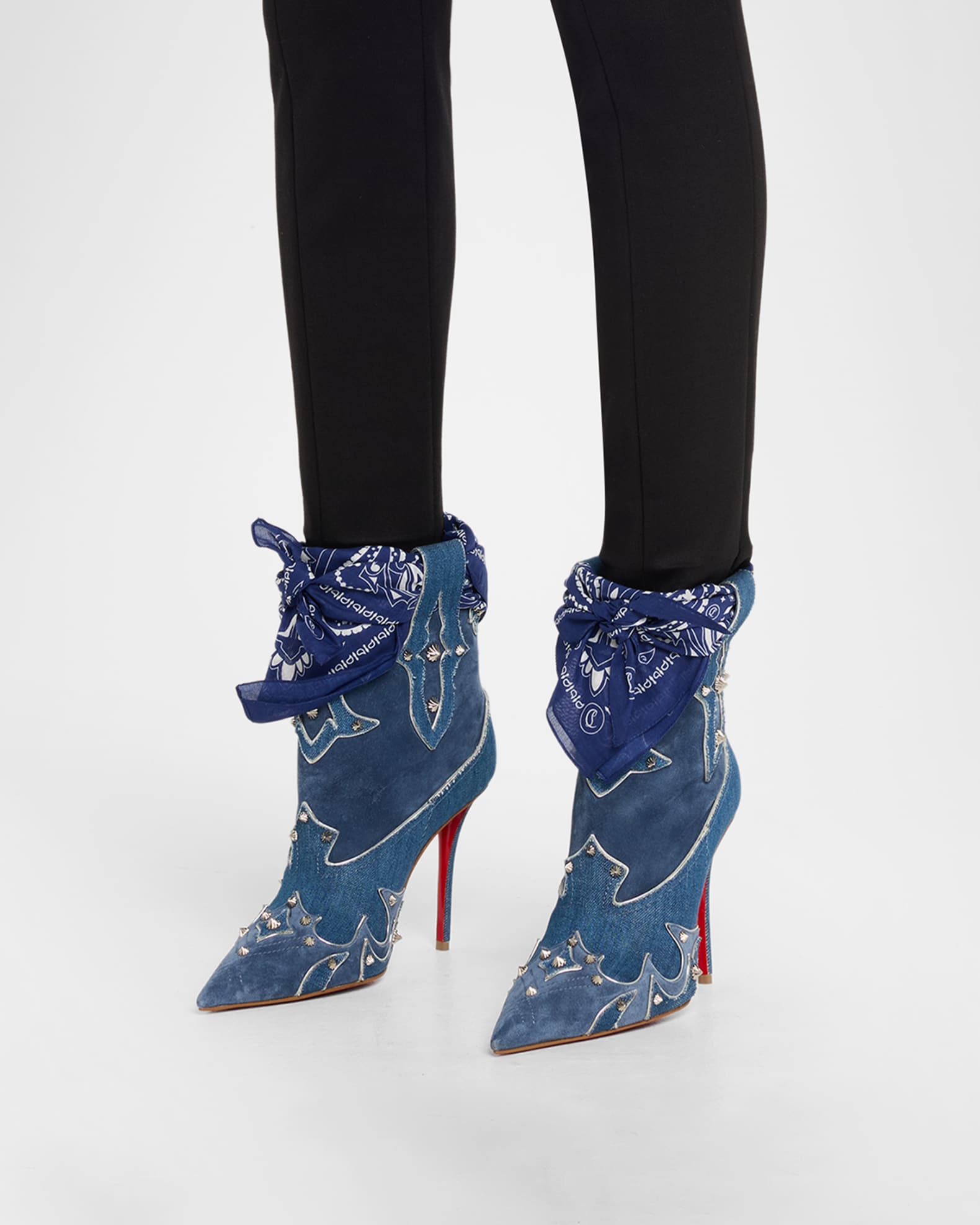 Christian Louboutin 100mm Bootyiag Denim and Suede Bandana Western
