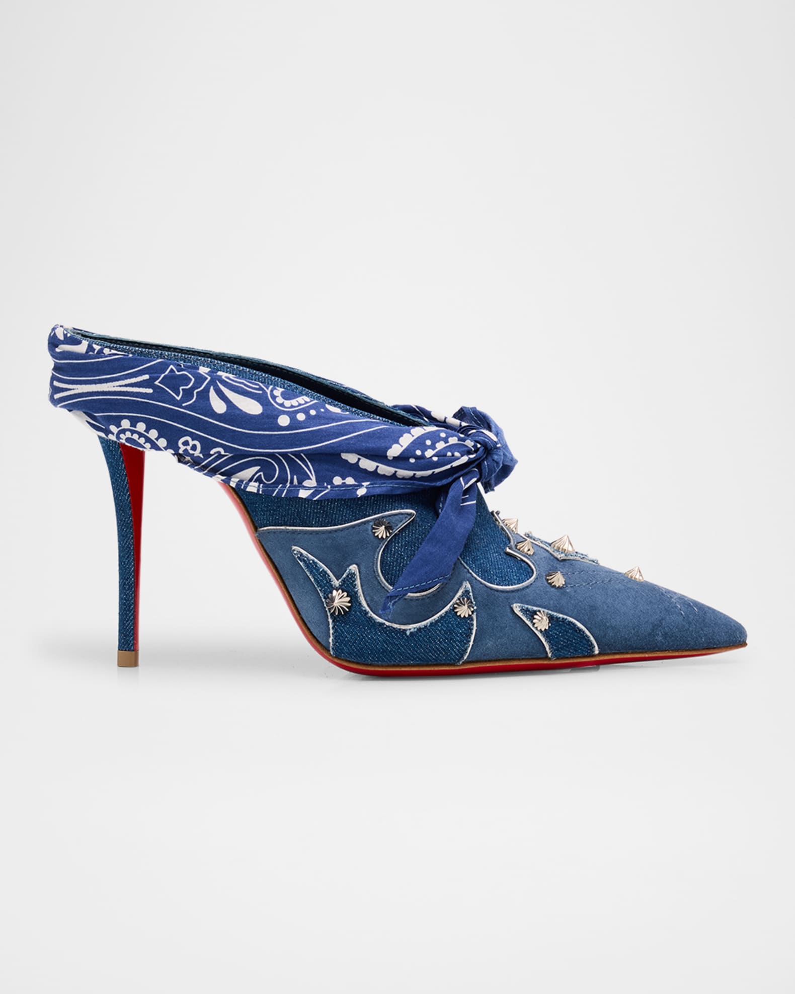 Christian Louboutin Mulatiag Denim and Suede Bandana Red Sole Mule