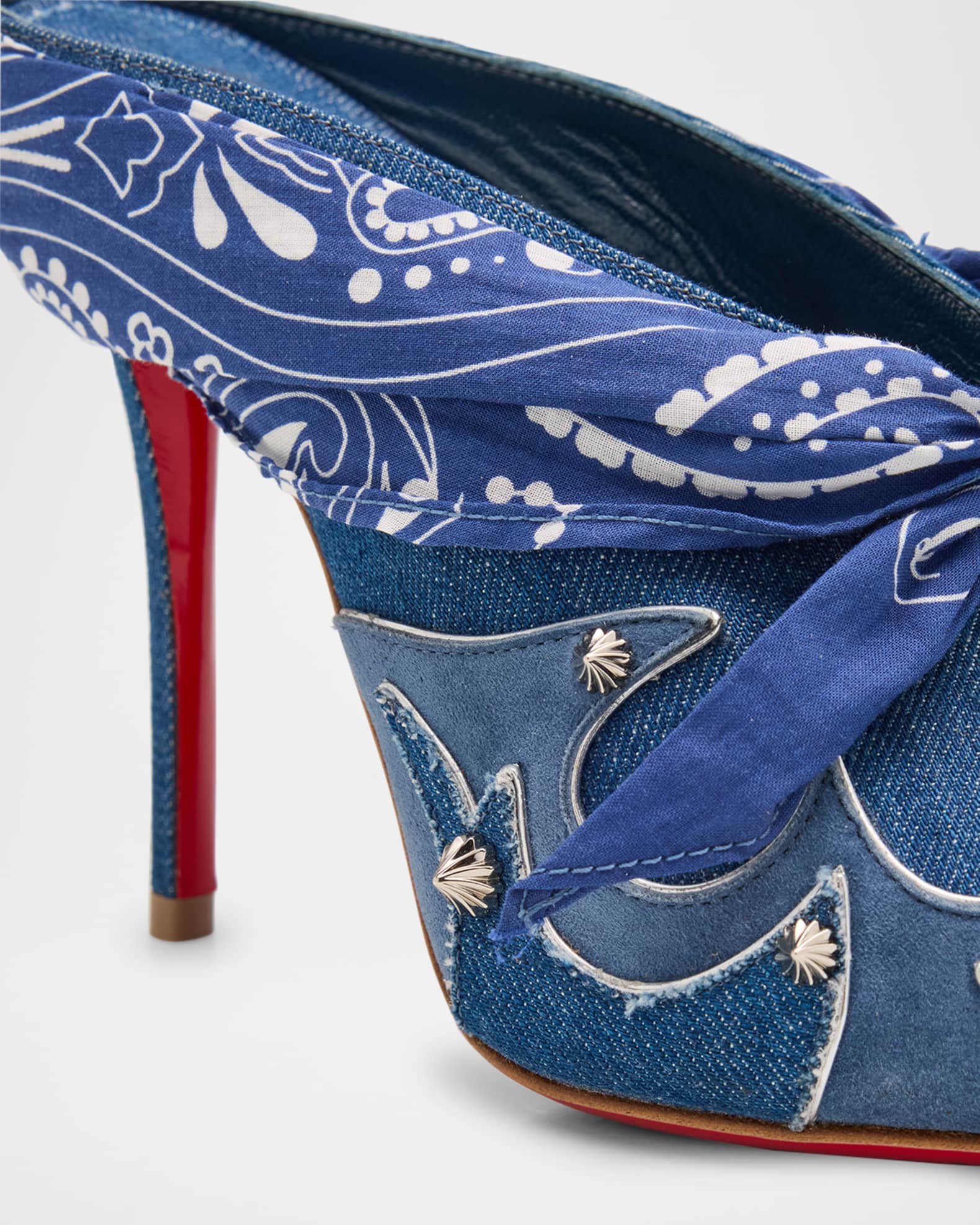 Christian Louboutin 100mm Mulatiag Denim and Suede Bandana Mule