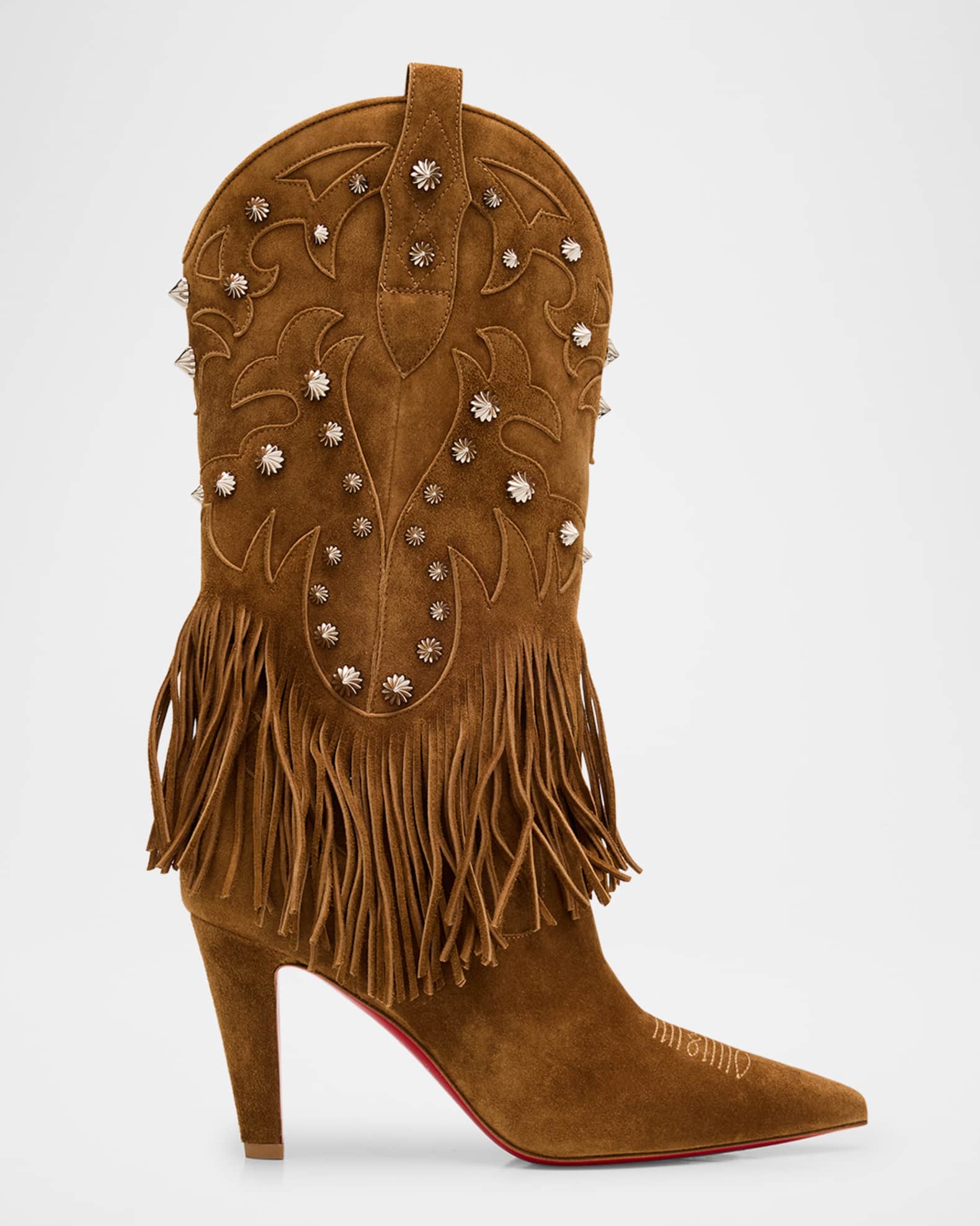 Christian Louboutin Santia Suede Fringe Red Sole Booties Neiman