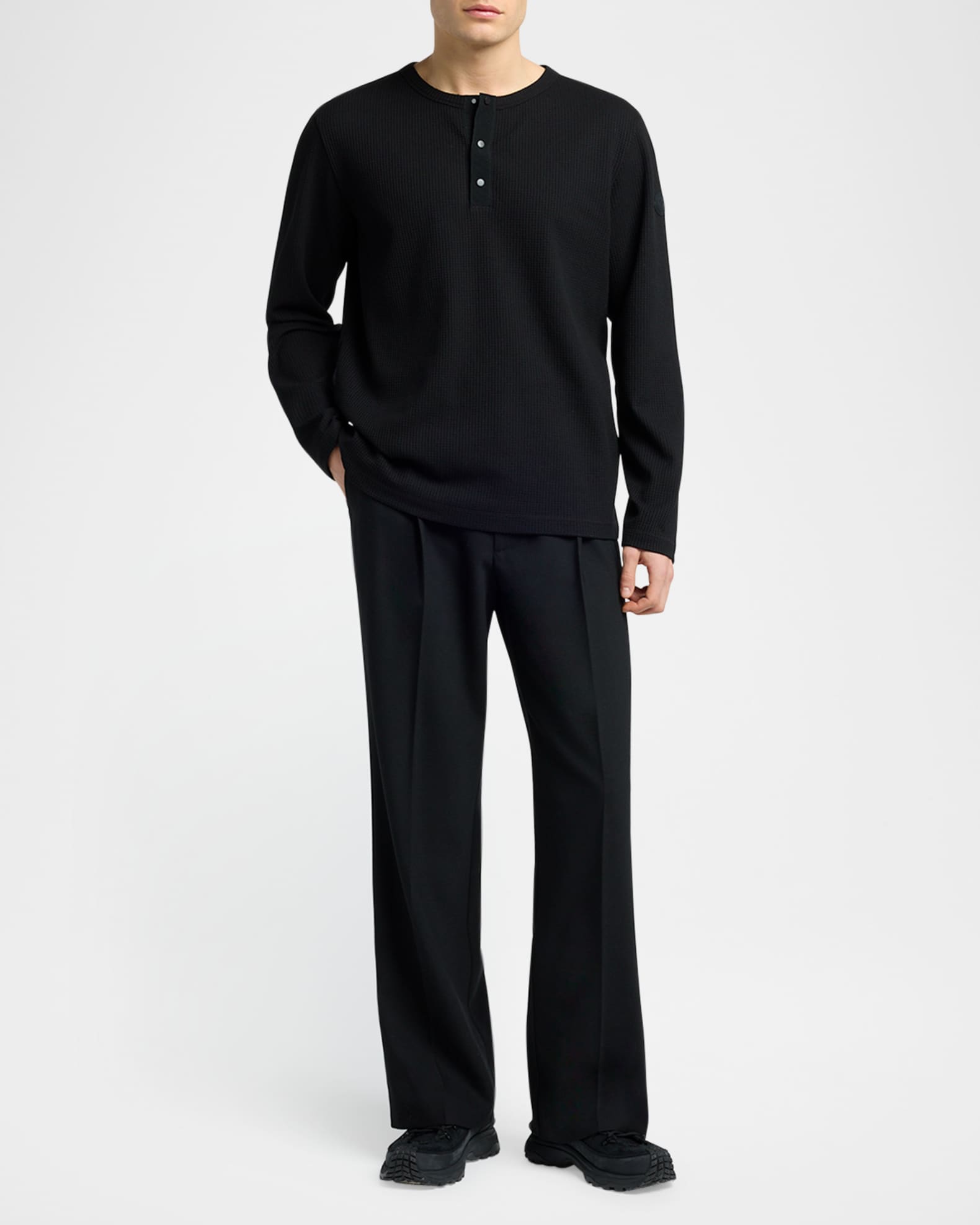 Moncler Men's Waffle Knit Long-Sleeve Henley T-Shirt | Neiman Marcus