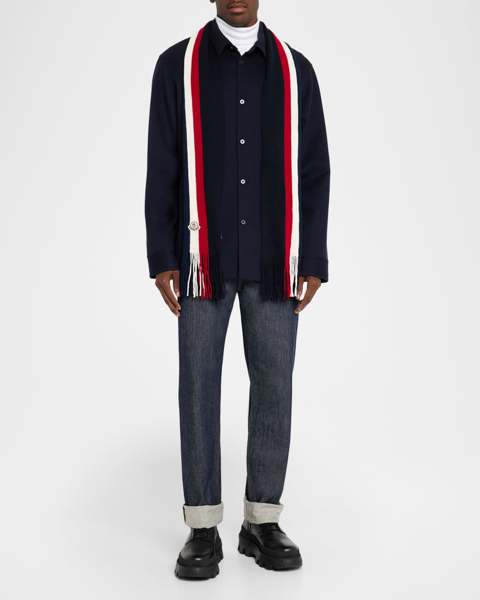Moncler Men's Wool Tricolor Stripe Fringe Scarf | Neiman Marcus