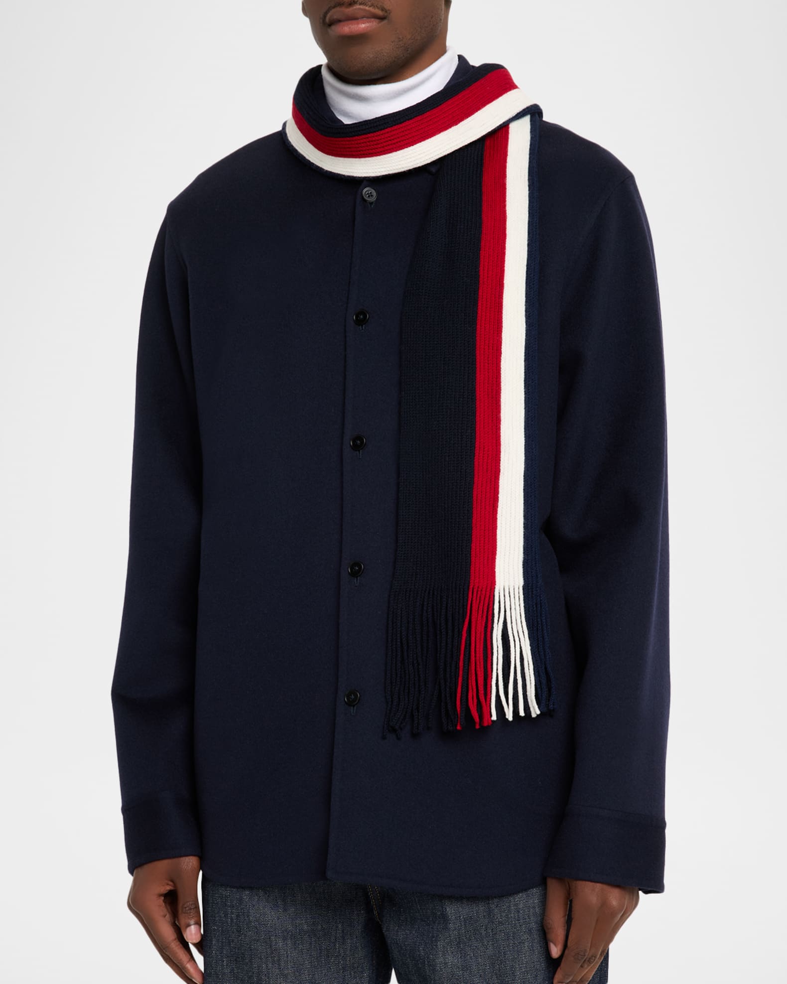 MONCLER / SCIARPA TRICOT/マフラー/ウール/NVY/メンズ/H20913C00023 Moncler Men's Wool Tricolor Stripe Fringe Scarf | Neiman Marcus