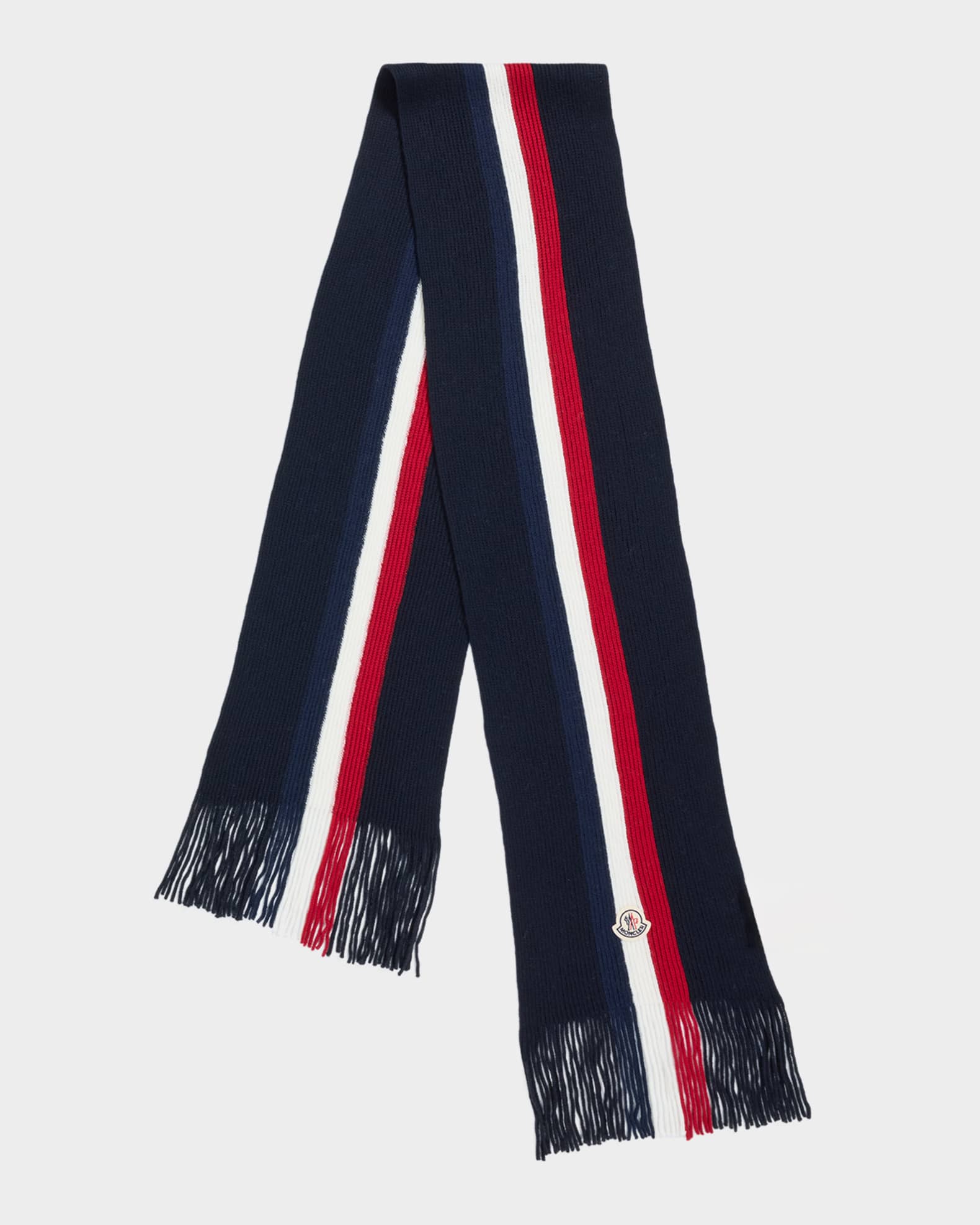 MONCLER / マフラー/ウール/NVY/メンズ/C20930010400 Moncler Men's Wool Tricolor Stripe Fringe Scarf | Neiman Marcus
