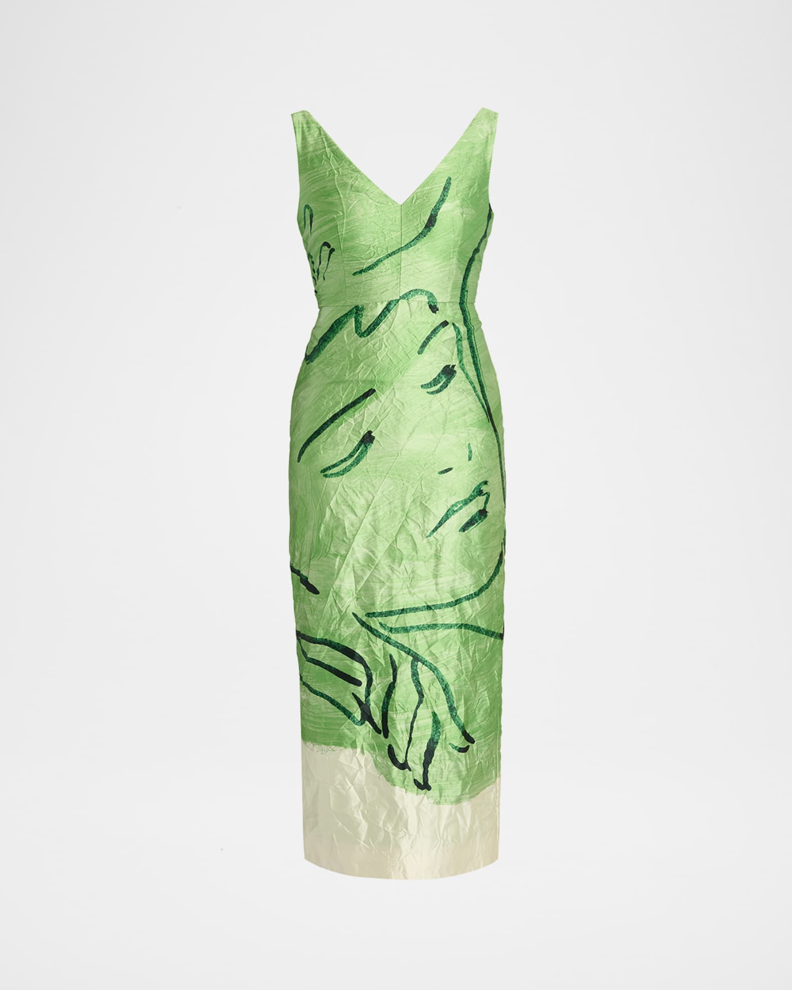 Face-Print Sleeveless Crinkle Satin Midi Cocktail Dress 0